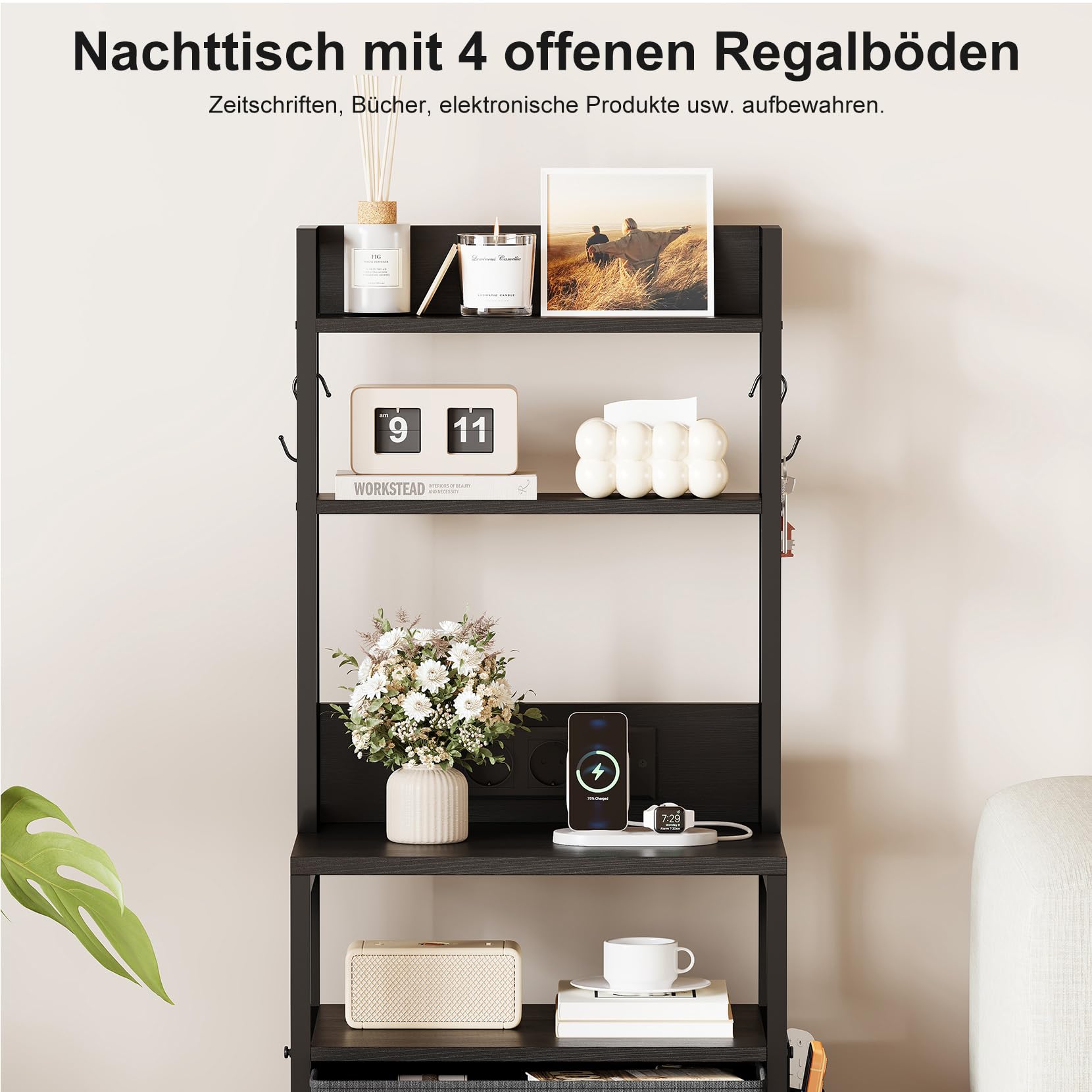 Nachttisch mit Ladefunktion & LED, Beistelltisch mit 3 Stoff-Schubladen, Nachtschrank mit Bücherregal, Offenes Fach, 2 AC, 1 USB & 1 Typ C Anschlüssen, für Schlafzimmer, Wohnzimmer, Büro(Schwarz)