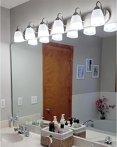 Miniatura 5 de Kira Home Armada - Lámpara moderna para tocador o baño de 48 pulgadas con 6 luces con acabado de níquel cepillado y pantallas de vidrio esmerilado