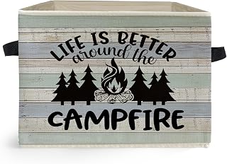 Rustic Camping Storage Box Bins, Life Is Better Around the Campfire Collapsible Storage Basket Organizer for Camper Bedroom Laundry Room Home Clothes Toys Books, Toybox for Girls Boys