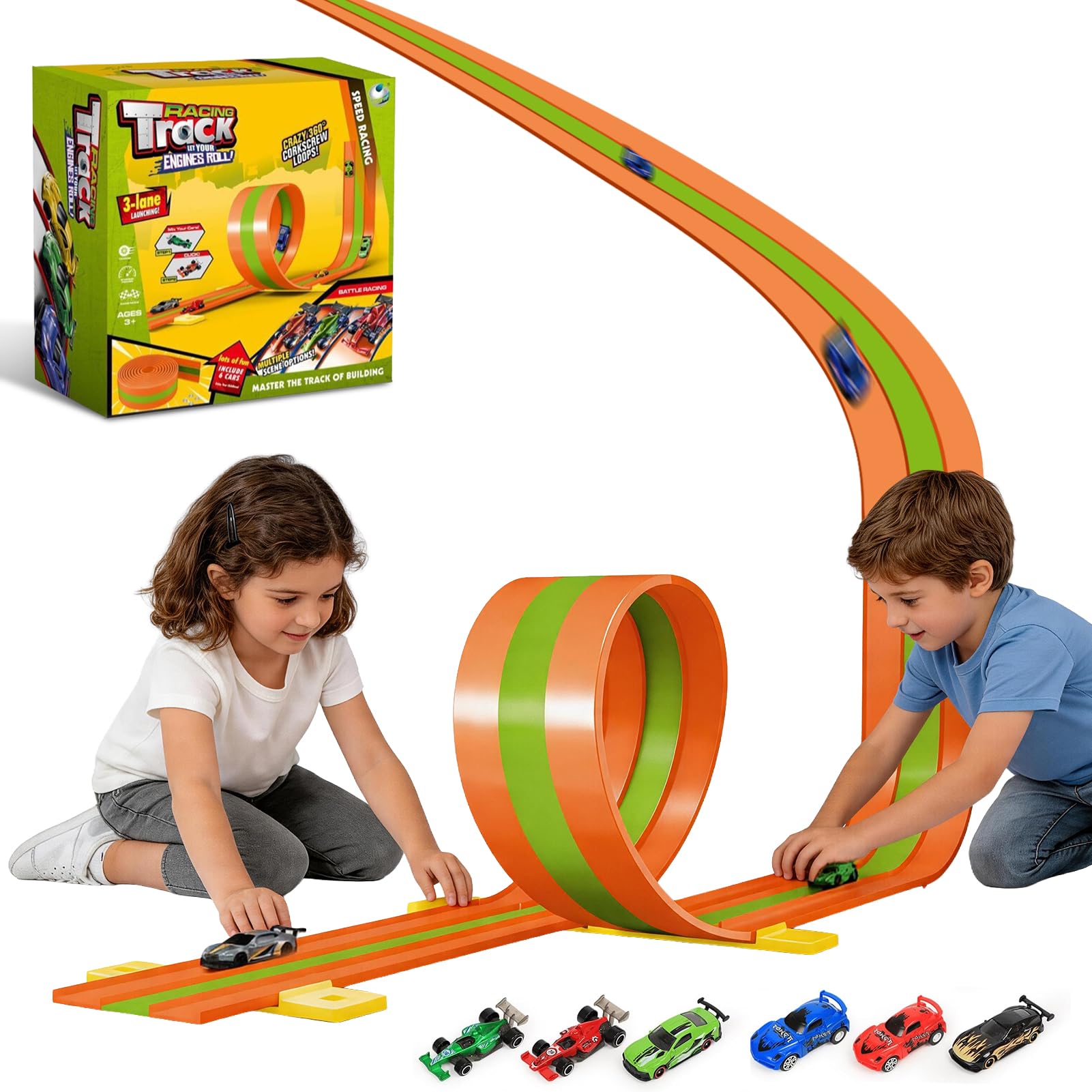 Car Racing Track for Children 5 m, Racing Track Car Toy with 6 Cars, Color box, Racing Track Children with Ramp Catapult, Portable Toy, Three-Track Car Racing Track from 3 Years