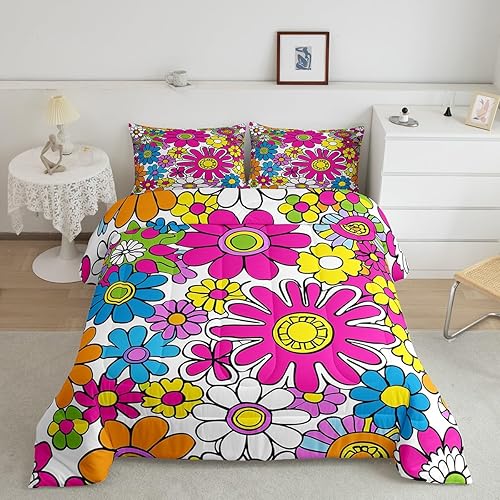 Miniatura 11 de Feelyou Groovy - Juego de edredón de flores para niñas y niños, edredón retro floral bohemio con hongos de los años 70, juego de ropa de cama de