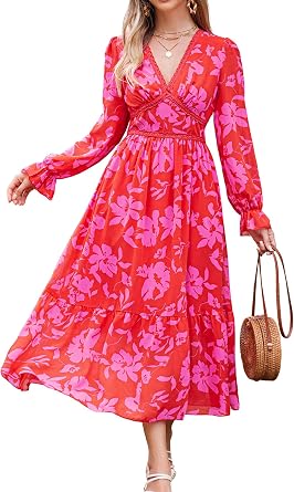 Womens Spring Wrap Maxi Dress Floral V Neck Long Sleeve Wedding Guest Party Casual Chiffon Dress