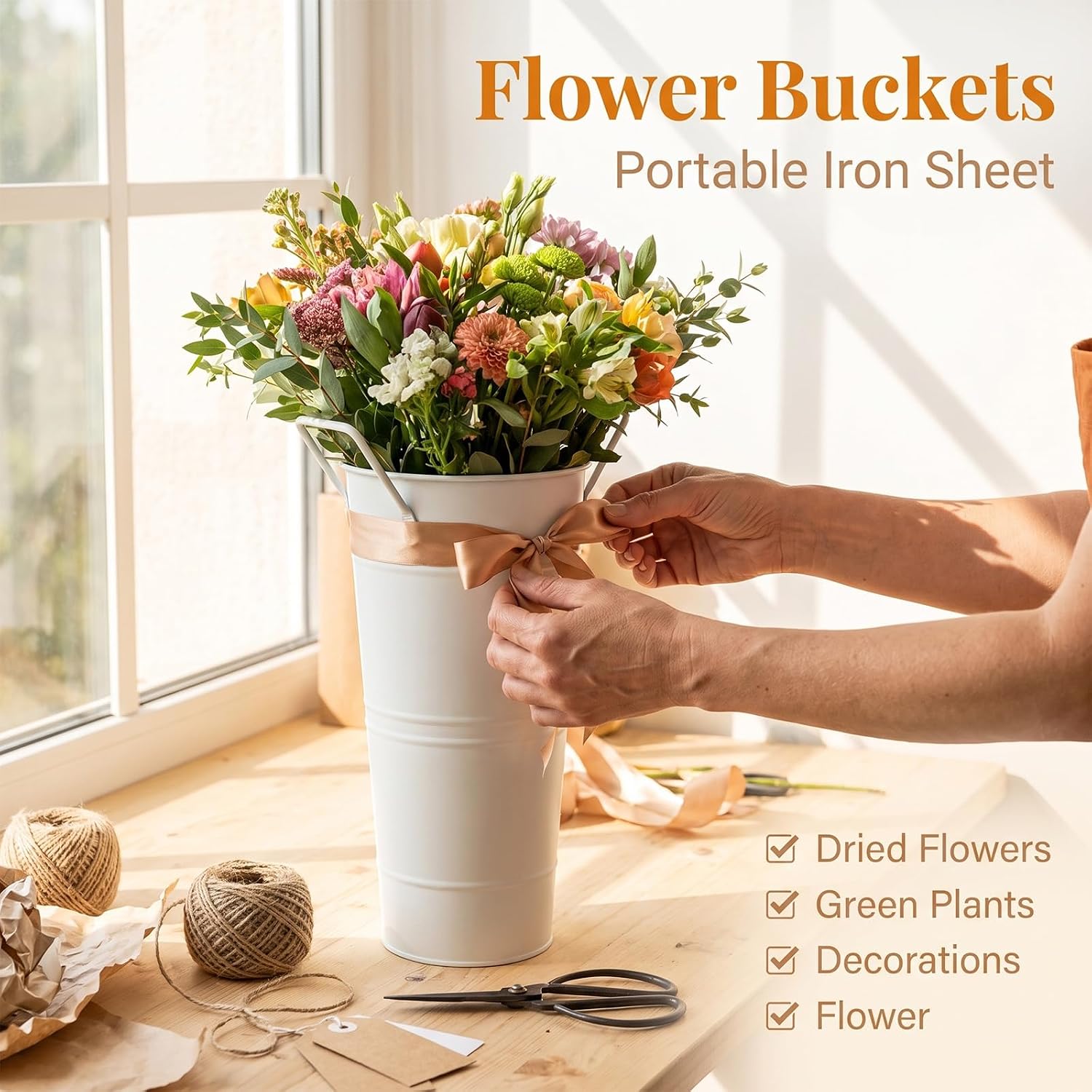 8 Pack Flower Bucket, Galvanized Metal White Vintage Farmhouse 11×23×7.5cm image 4