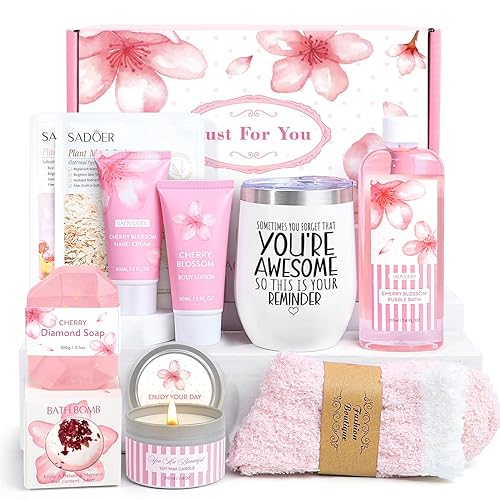Bath Gift Set For Women, 12PCS Bath Sets For Women Gift, Birthday Valentine's Day Gifts Self Care Package for Her Mom Friend Sister Wife, Cherry Blossoms Relaxing Spa Gift Basket