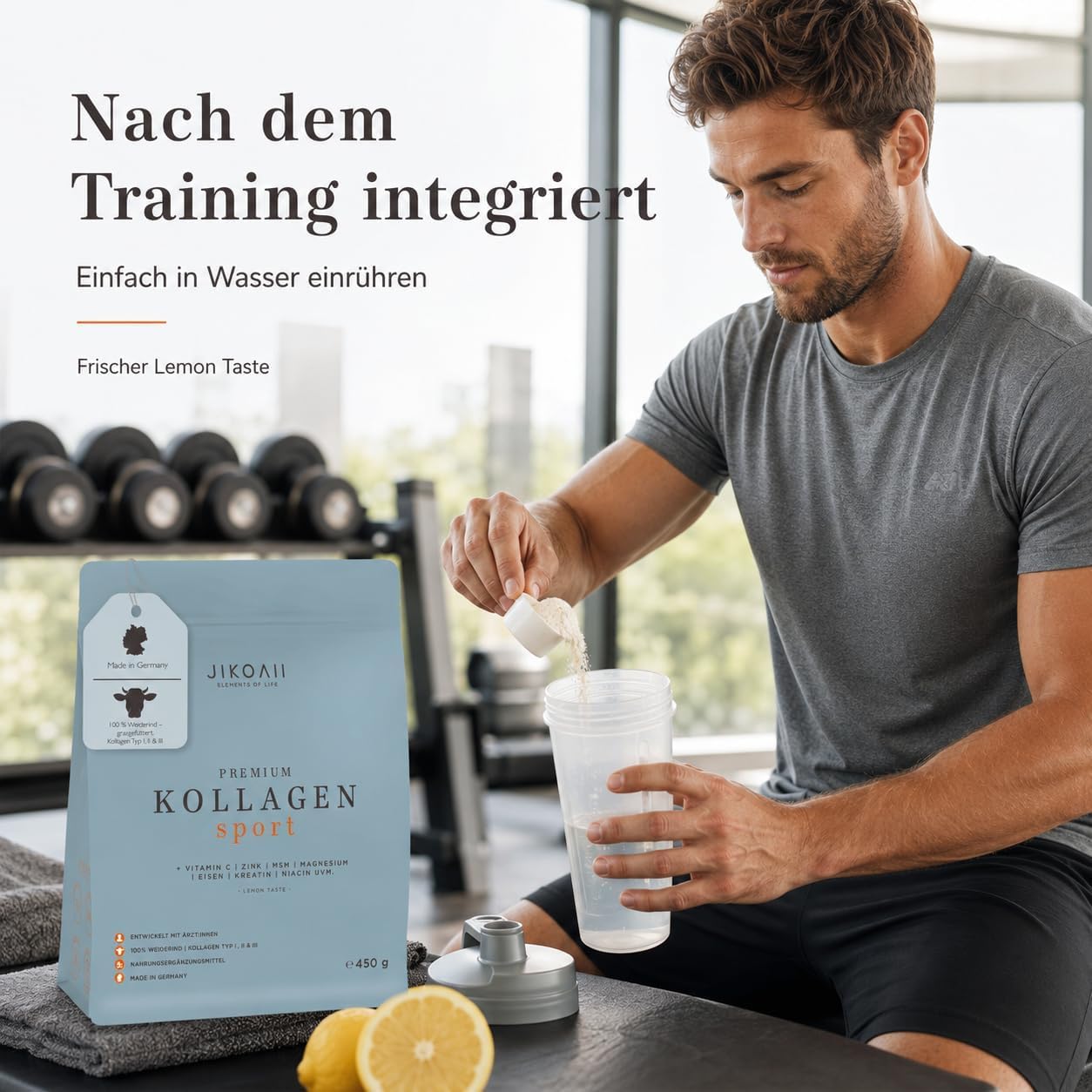 Kollagen Pulver Sport, Kreatin Magnesium MSM, 450 g, Lemon | Vitamin C, Collagen Peptide Typ I II III aus Weiderind, Kreatin Magnesium MSM, für aktive Menschen, Training & Regeneration