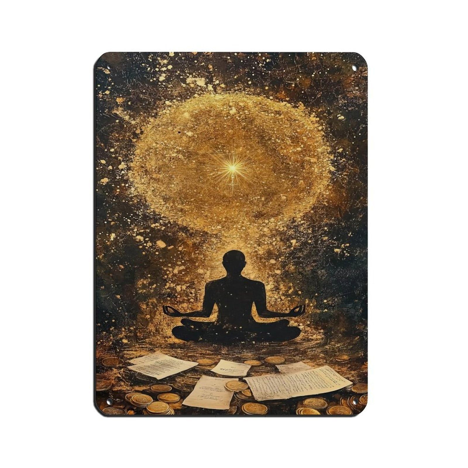 Golden Meditation, Enlightened Spirit Art Tin Sign Vintage Metal Pub Club Cafe Bar Home Wall Art Decoration Poster Retro 12x16inch(30x40cm)