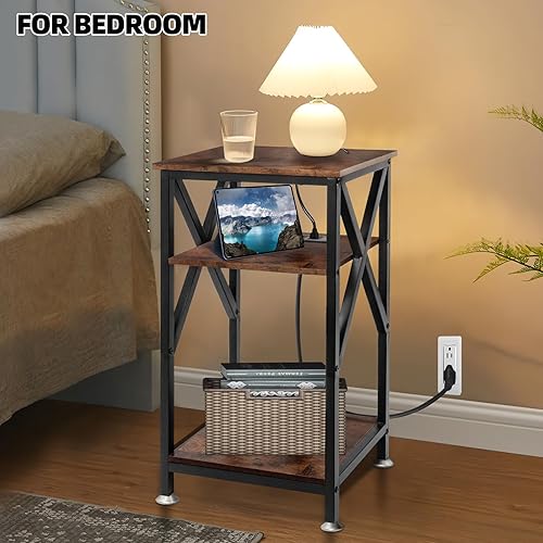 Miniatura 7 de TooCust Mesa auxiliar de 3 niveles con estación de carga, 16 pulgadas de ancho x 12 pulgadas de profundidad x 28 pulgadas de alto, mesita de noche