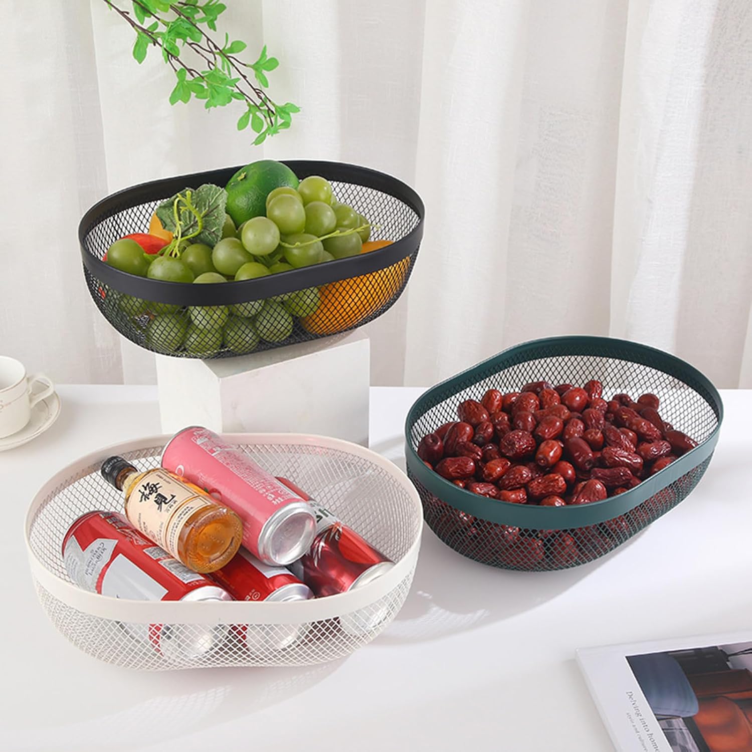 AJIODA Metal Mesh Steel Basket, Oval Metal Wire Storage Organizer Baskets Multi Functional Kitchen Baskets Countertop Fruit Baskets Garden Harvest Basket for Picnic Decor Cabinet Home, Blackish Green image 5