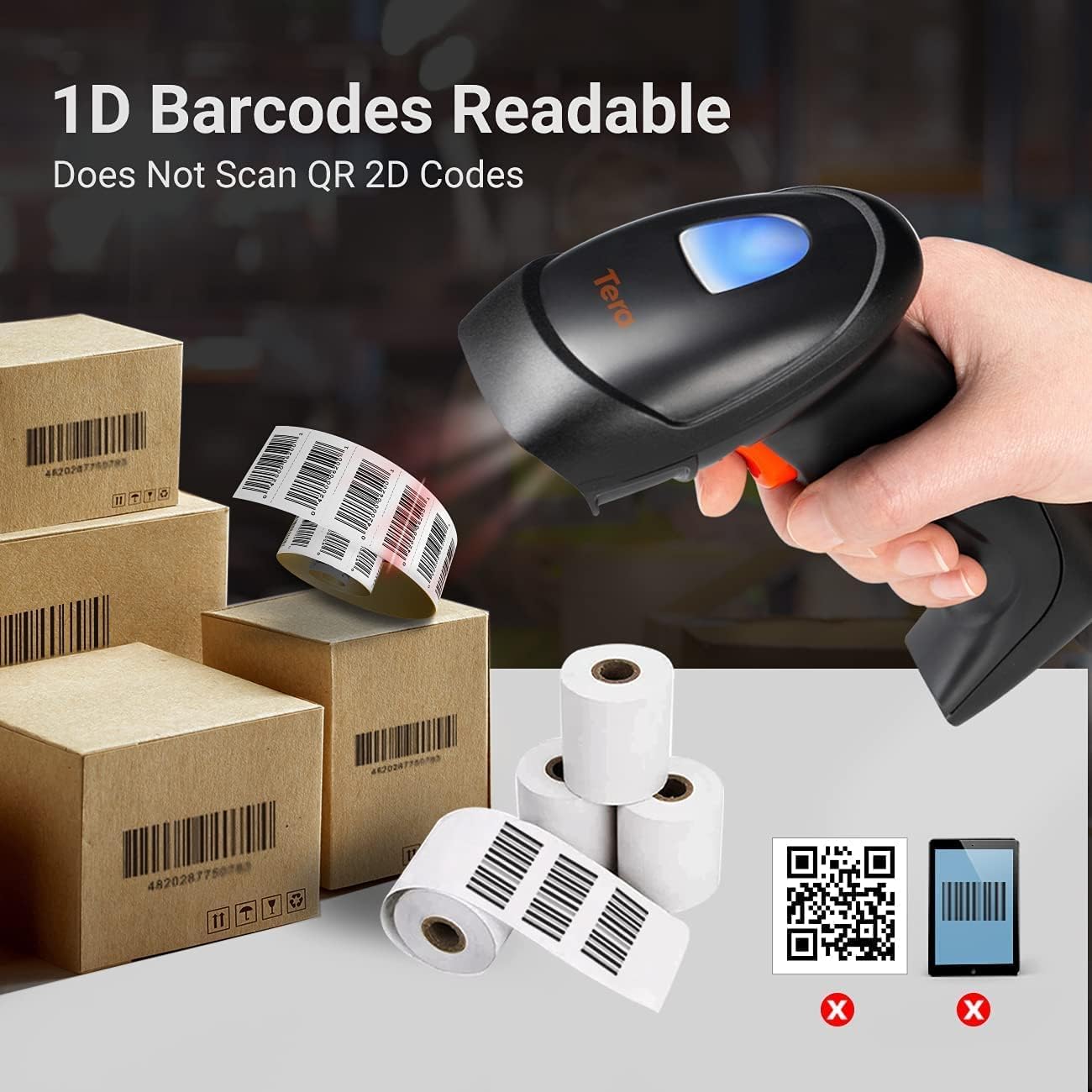 Tera Wireless 1D Laser Barcode Scanner 2.4GHz Kabelloser Barcodeleser mit Ladestation, Automatic Sensing Upgrade-Modell 6100