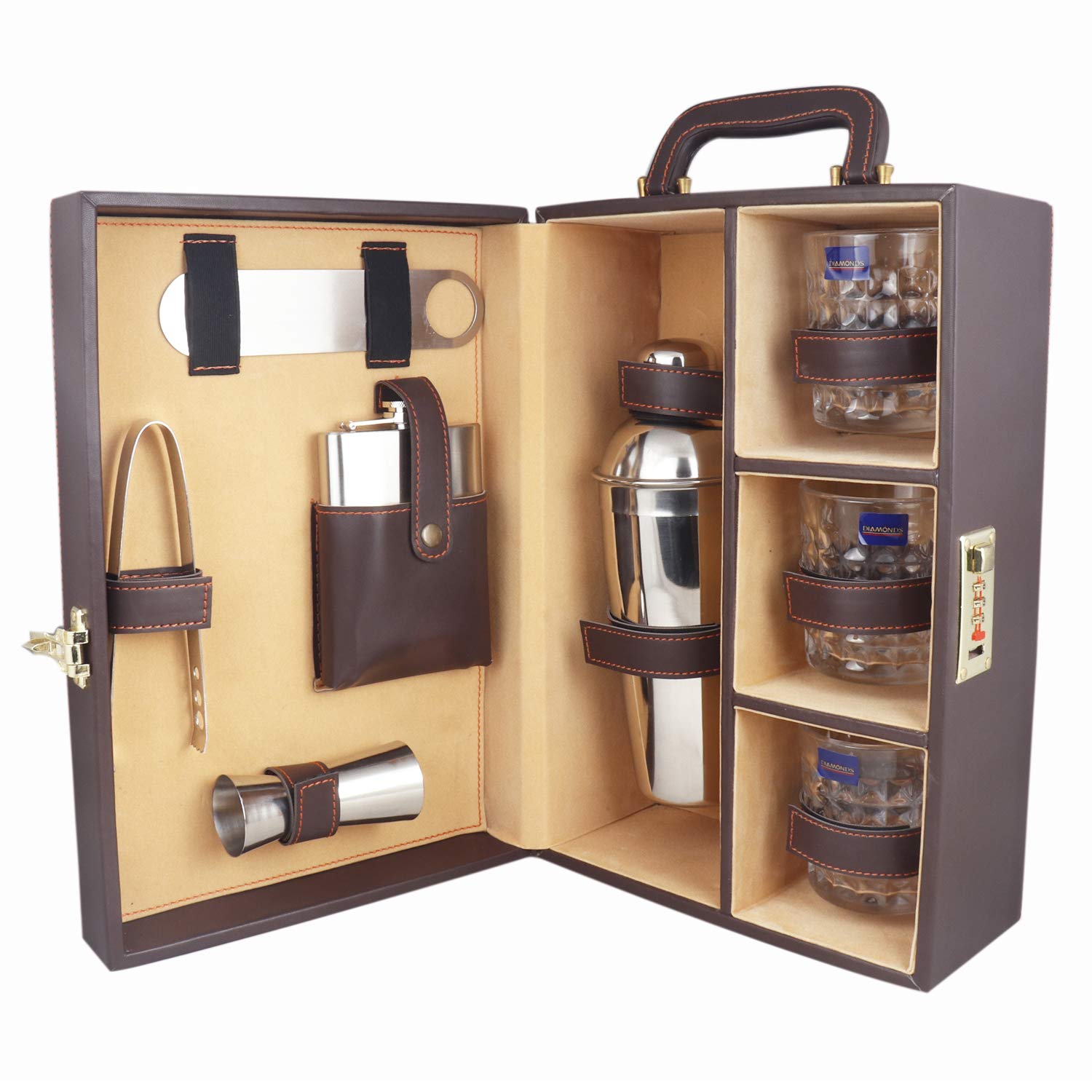 Borsi 3 Glasses Brown Bar Set | Premium Bottle Opener With Handy Portable Leatherette Case for Car | Whiskey Glasses GPBRP005