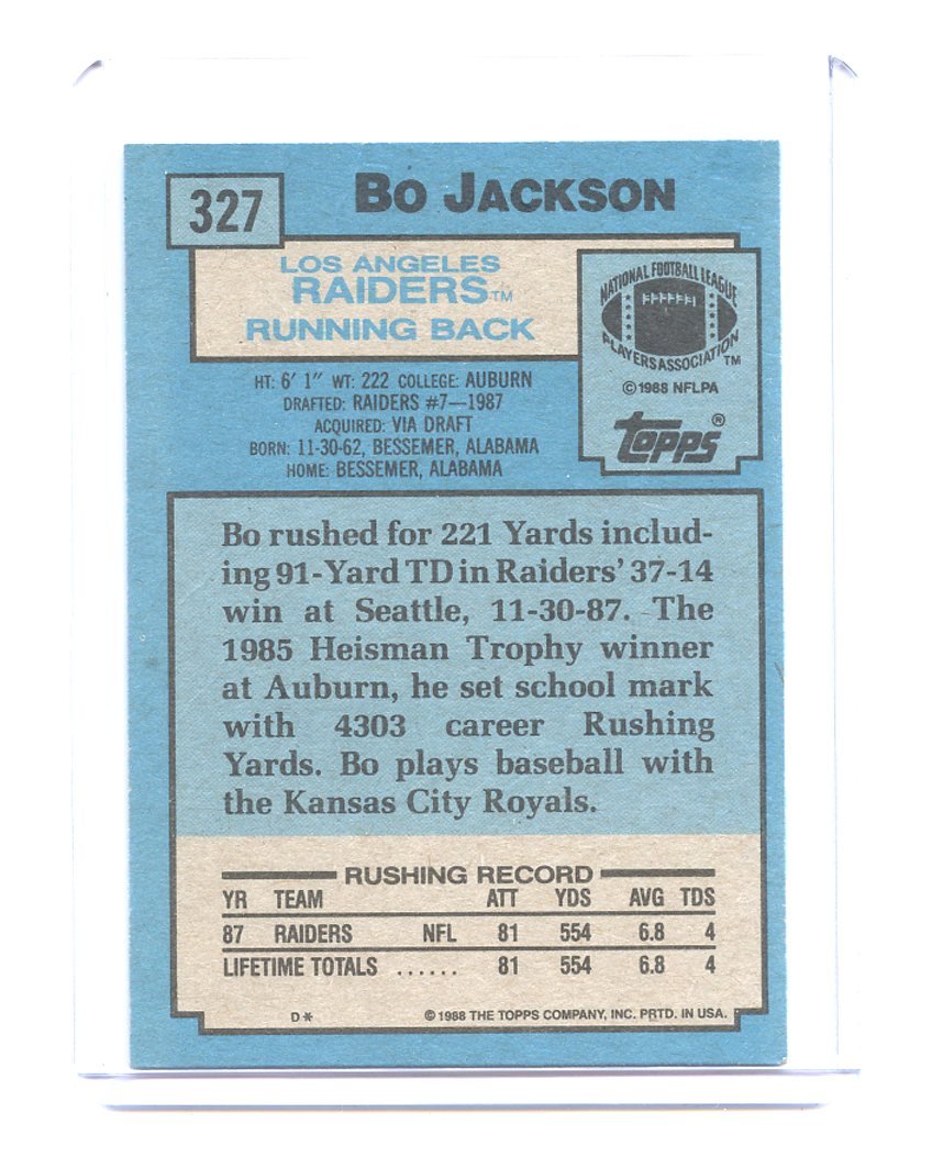 Amazon.com: 1988 Topps Bo Jackson Rookie Football Card #327 - Shipped In  Protective Display Case! : Collectibles & Fine Art