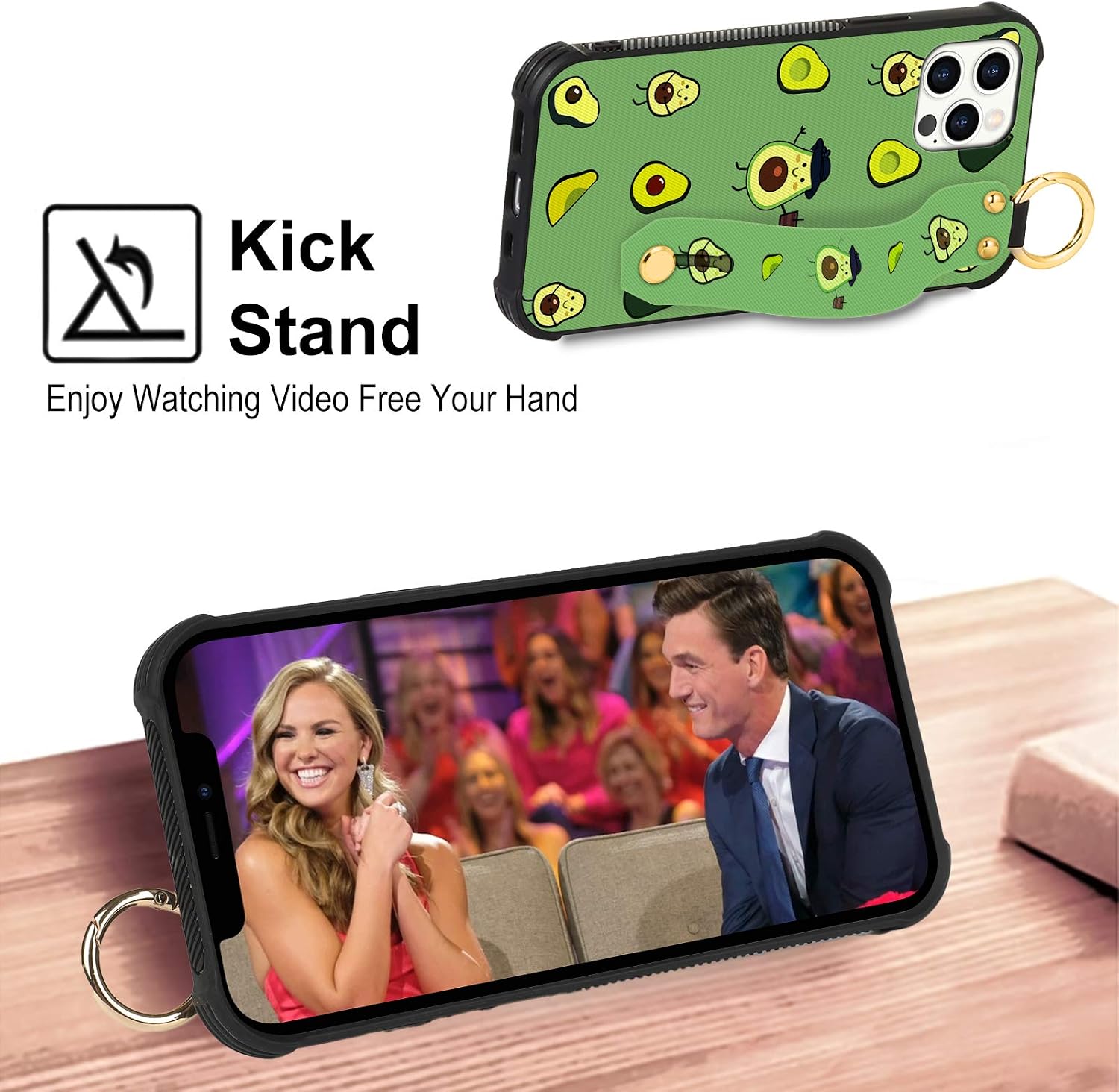 OOK Compatible with iPhone 12 Pro Max Case Avocado Design Wrist Strap Cell Phone Cover with Lanyard Kickstand Band Protective Shockproof Stand Fruit Pattern Bumper Case for Women Girls