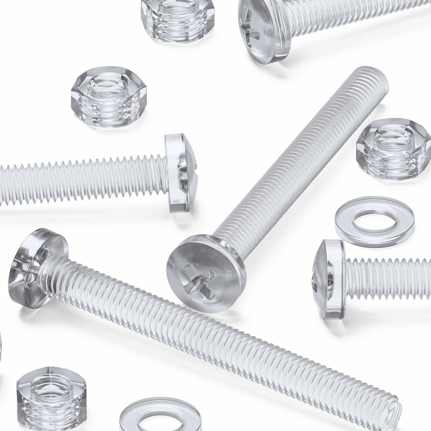 Pack of 60 Transparent Clear Plastic Acrylic M6 x 60mm Nuts & Bolts, Washers -Acrylic Plastic Screws, (15/64 x 2 23/64 in)