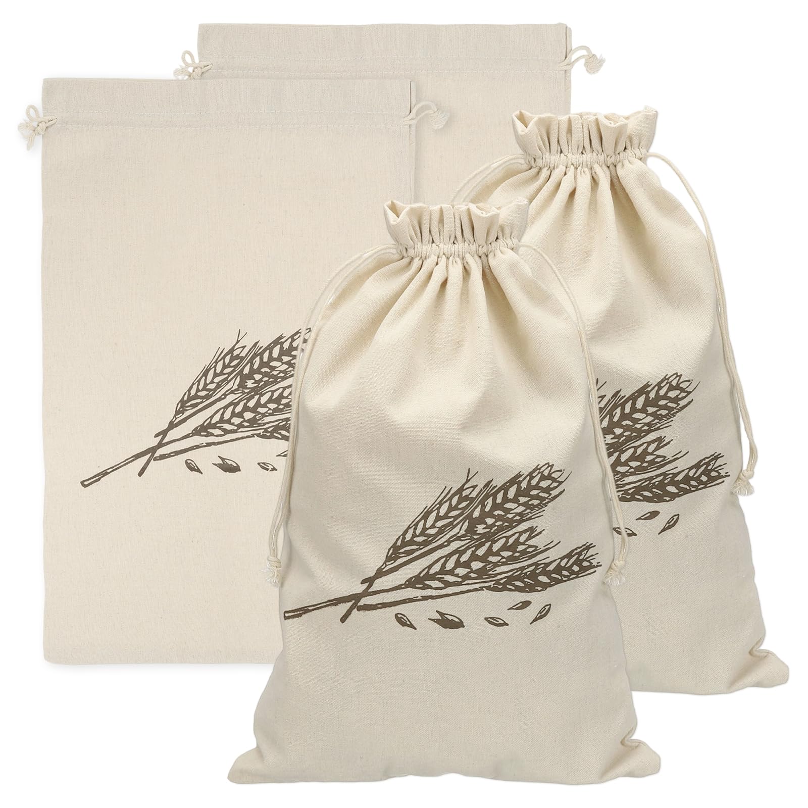uxcell 4 Pack Reusable Bread Bags, 17.7 x 11.8" Drawstring Linen Bread Storage with Liner for Homemade Sourdough Beeswax Food Drawstring Closure, Wheat Print