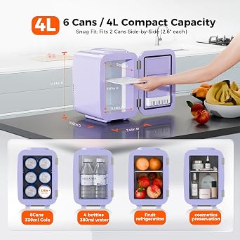 YASHE Mini Fridge, 4 Liter/6 Cans Portable Cooler and Warmer, AC/DC Power Small Fridge, Quiet Desk Skincare Fridge for Beauty Drinks Medicine, Mini Fridge for Bedrooms Office Dorm Car Travel, Purple [Energy Class A]