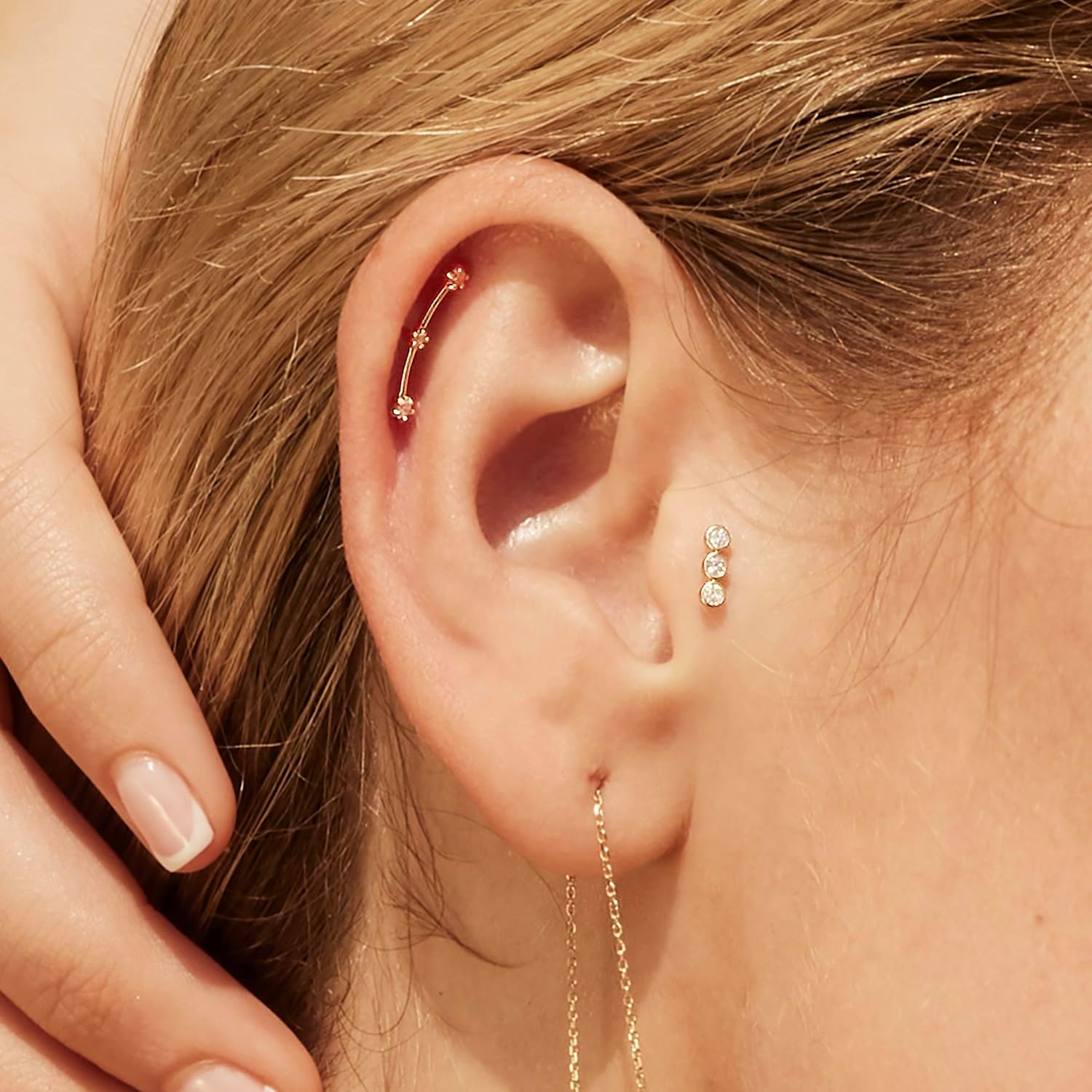 ANYGOLDS 14K REAL Solid Gold 0.047ctw Diamond Curved Celestial Bar Cartilage Daith Helix Tragus Conch Rook Sung Ear Post Stud Piercing Body Jewelry 18Gauge- 1 PCS