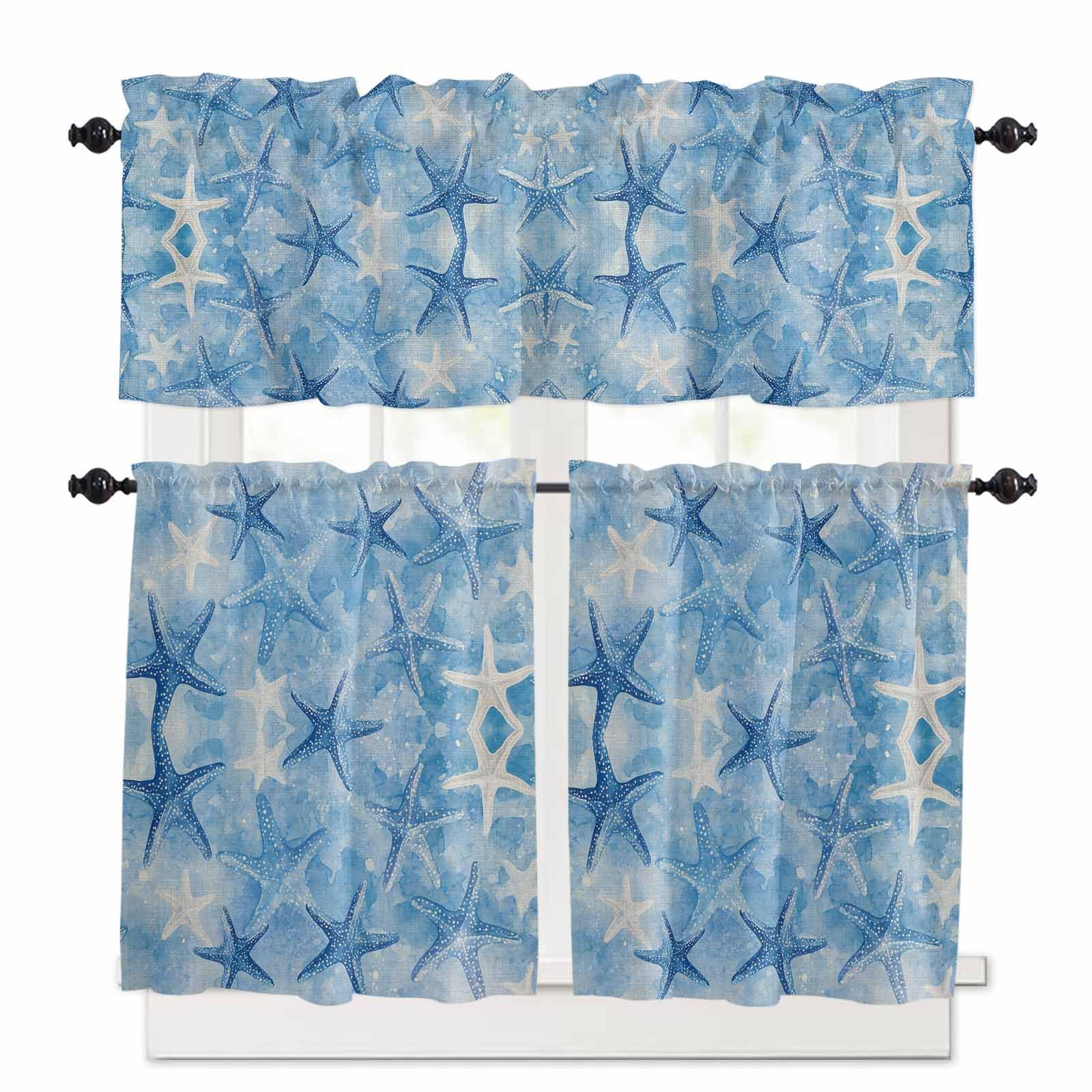 Starfish Kitchen Curtains 36 Inch Length, 3 Piece Rod Pocket Small Half Tiers and Valance Set, Blue White Coastal Ocean Watercolor Small Large Window Treatment Decor for Bedroom/Bathroom Sink