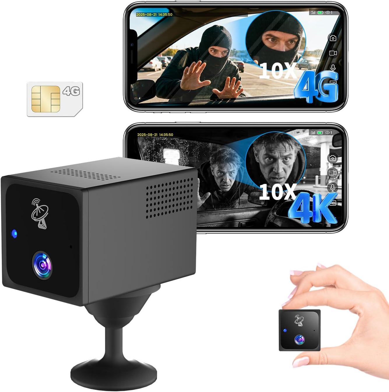 4G LTE Spy Camera No WiFi Needed with SIM Card, UCOCARE 4K Mini Hidden Camera for Car Anti-Theft & Vandalism, AI Radar Motion Detection Through Glass & Alert, 5200mAh Battery, No Red Glow Night Vision