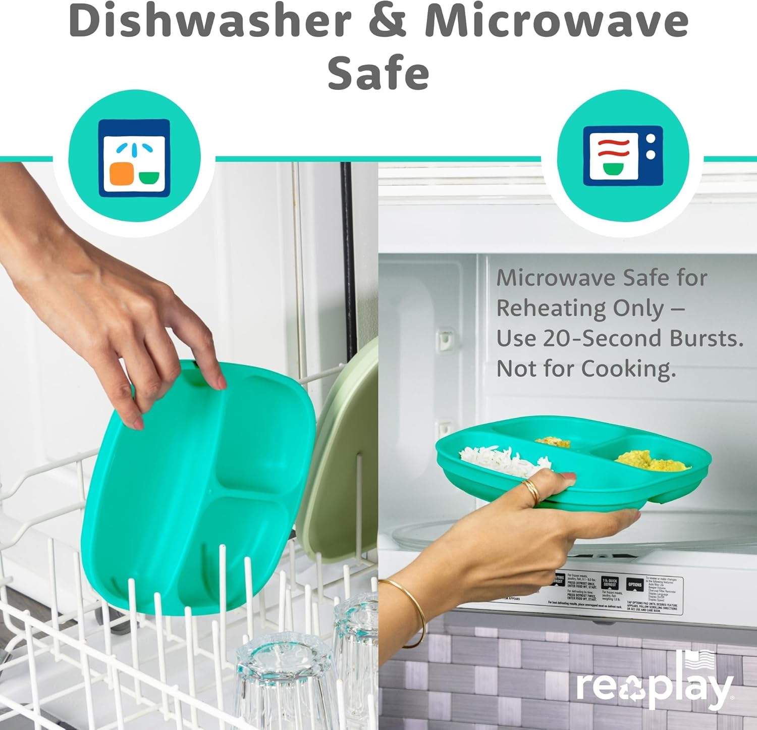 Re-Play Toddler Plates with Dividers & Silicone Lid - Deep-Walled 3 Compartments Divided Plates for Kids - Dishwasher/Microwave Safe - Made in USA - Set of 4-7.37" x 7.37" x 1.25" - A True Blue