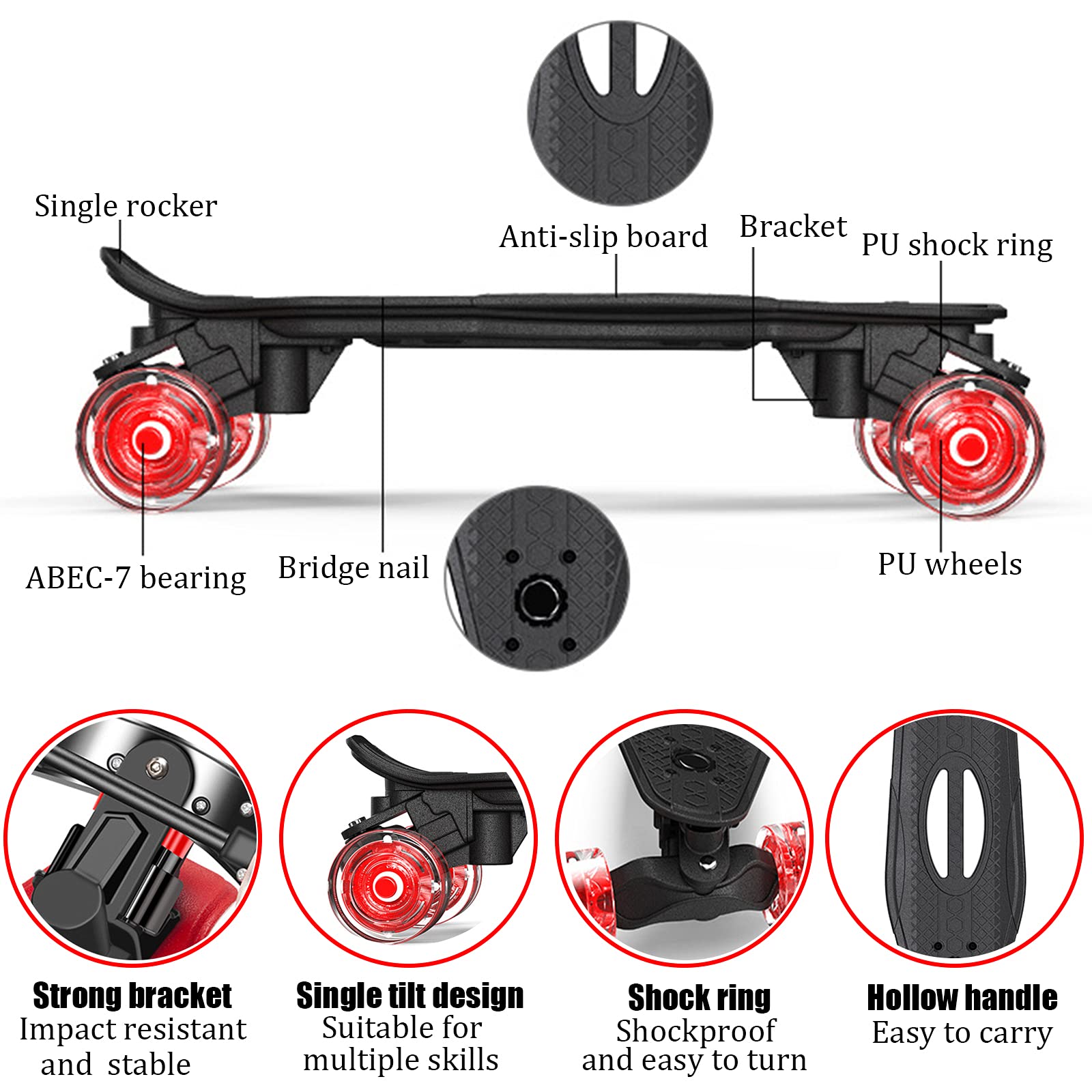 Skateboard Planche à Roulette 21" Mini Cruiser Standard Skateboards avec LED Light Up Roues, Single Kick Concave Skateboards pour Enfants Jeunes Adolescents Adultes