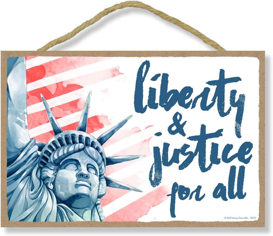 Honey Dew Gifts Patriotic Wooden Signs, Liberty and Justice for All, 7 inch by 10.5 inch, Hanging Wooden Sign, Decorative Wall Art, Home Office Party Decor