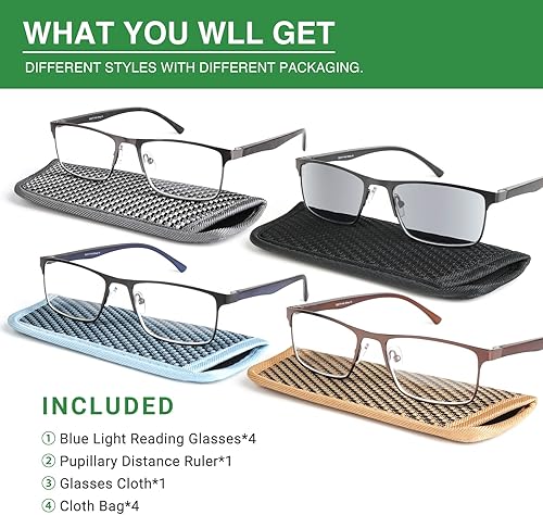 Miniatura 6 de Paquete de 4 lentes de lectura para hombres, lentes de computadora con bloqueo de luz azul, lectores de marco completo, antirrayos UV, fatiga
