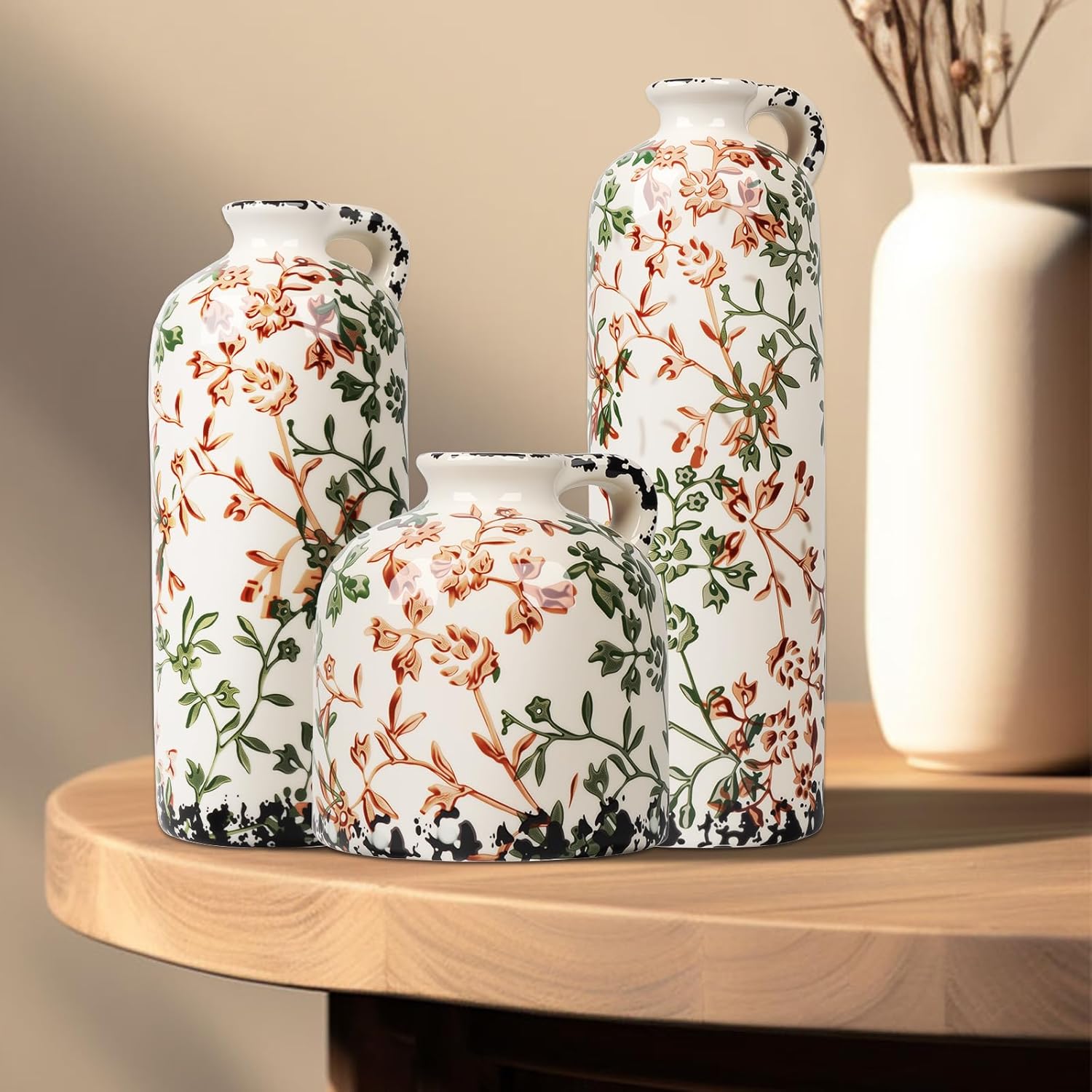 BestYiJo Ceramic Vase Set of 3, Vintage Green & Beige Hand-Painted Chinese Floral Vases - Rustic Farmhouse Decor for Living Room, Kitchen, Bookshelf | Grand Millennial Home Gift