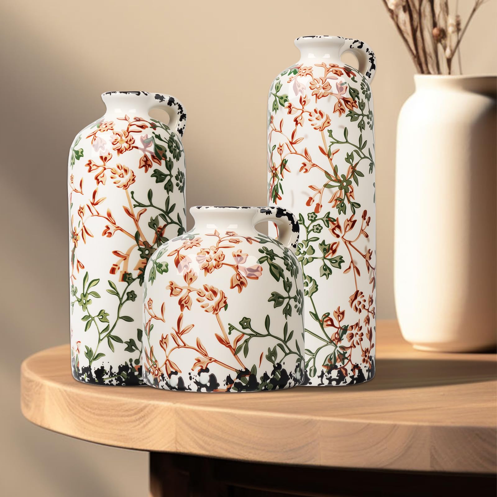Keramik Vasen Set 3er Vintage Landhausstil, Blumenvase Groß & Klein mit Blumenmuster, Wasserdicht Dekorative Vase für Pampasgras & Trockenblumen, Rustikale Tischdeko Wohnzimmer Deko (Beige Floral)