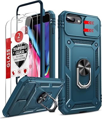 LeYi for iPhone 8 Plus iPhone 8 Plus Screen Protector 2PCS with iPhone 7 Plus Case, Slide Camera Cover Heavy Duty Protection with Magnetic Kickstand for iPhone8Plus 7Plus Mobile Cellphone, Blue