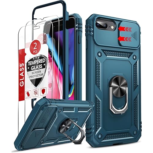 LeYi for iPhone 8 Plus: iPhone 8 Plus Screen Protector 2PCS with iPhone 7 Plus Case, Slide Camera Cover Heavy Duty Protection with Magnetic Kickstand for iPhone8Plus 7Plus Mobile Cellphone, Blue