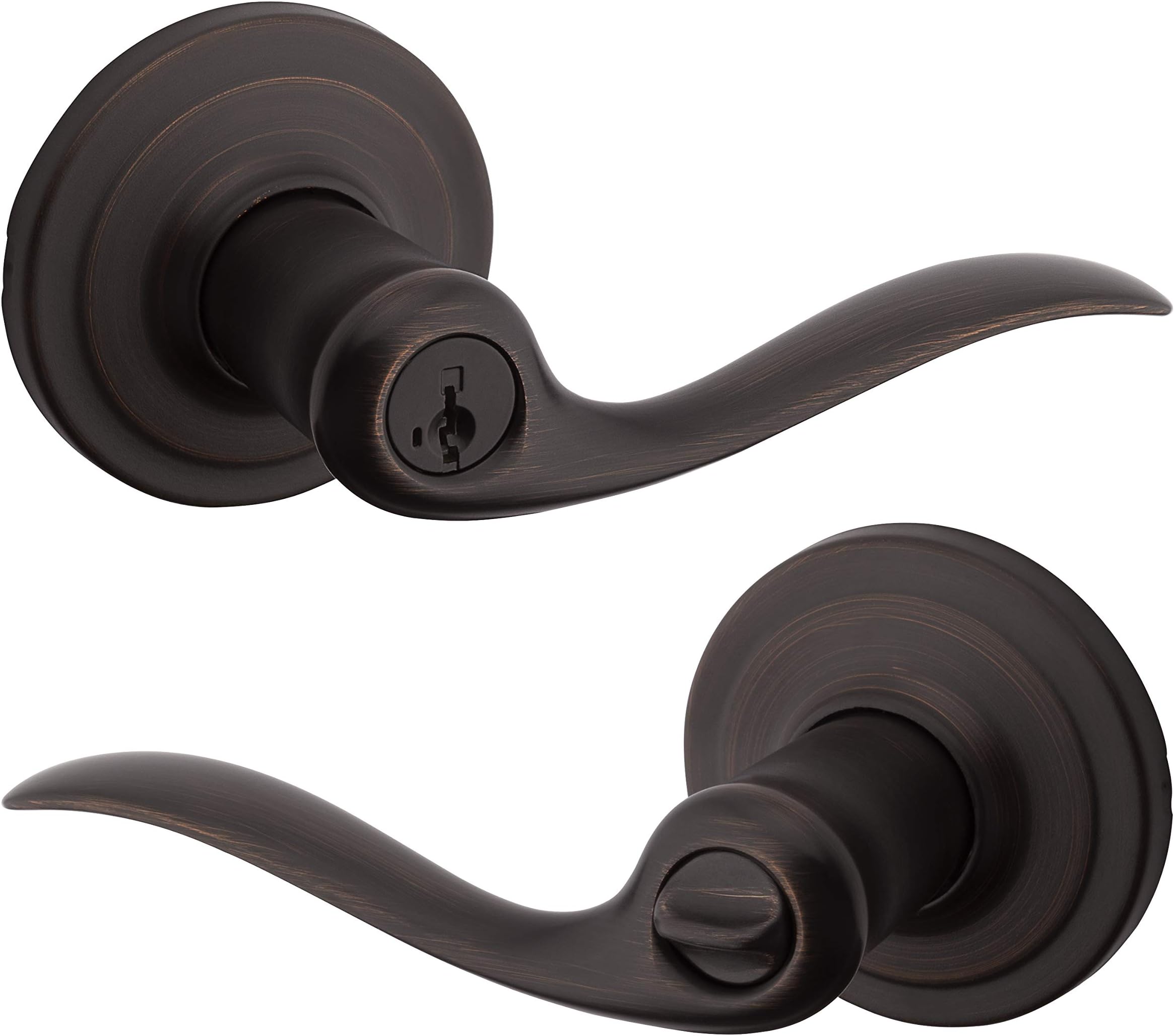 Tustin Entry Door Handle with Lock and Key, Secure Keyed Reversible Lever Exterior, For Front Entrance and Bedrooms, Venetian Bronze, Pick Resistant Smartkey Rekey Security and Microban