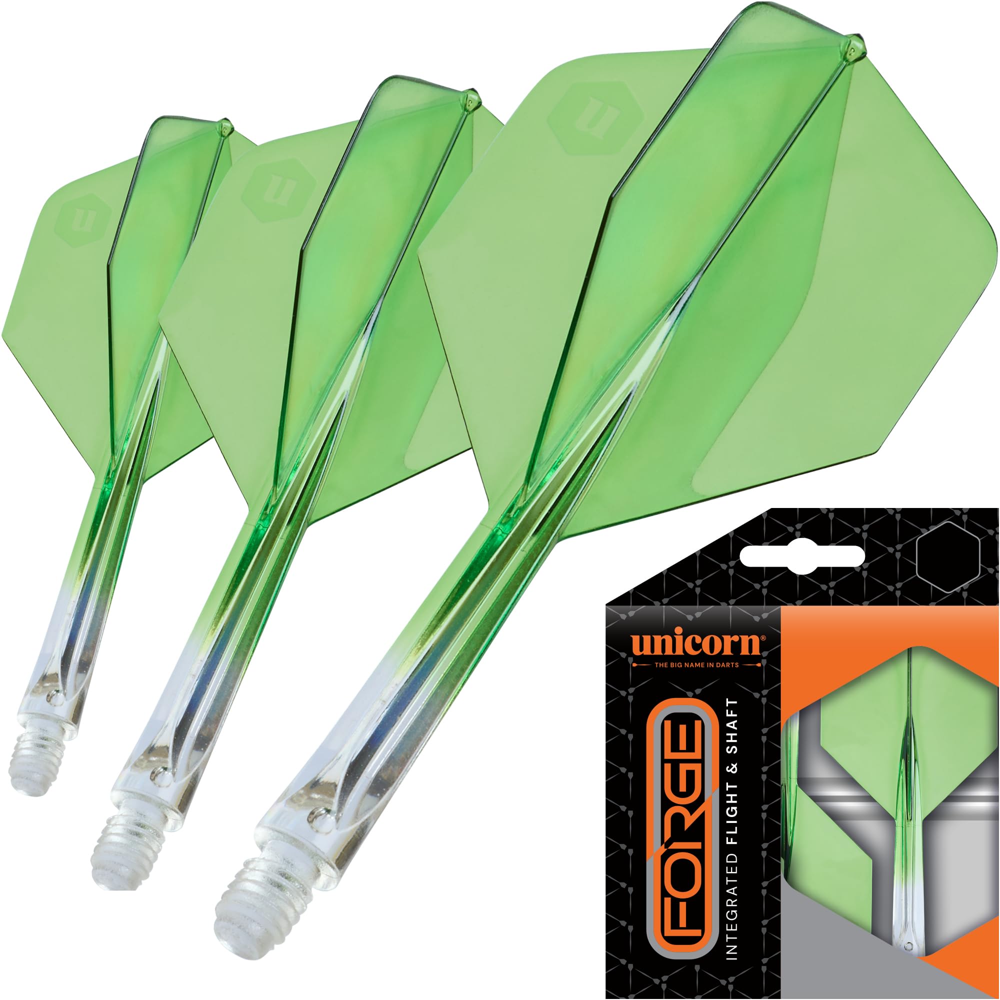 Unicorn Forge Integrated Dart Flights & Shafts - Long Length for Enhanced Flight Stability, Reduced Deflection & Consistent Precision - High Performance Setup - Clear & Green