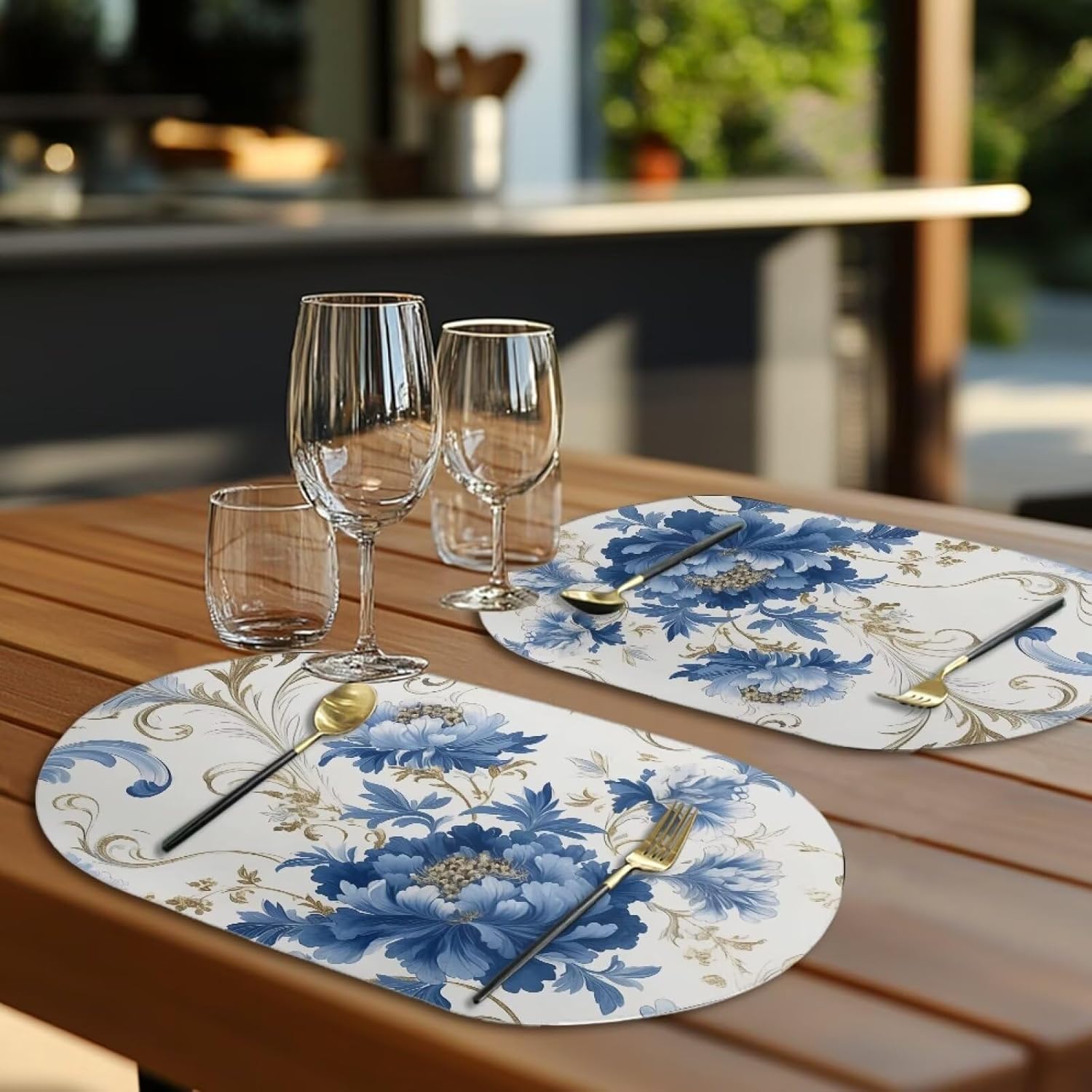 Blue Floral Oval Placemats and Coasters Washable PU Leather Placemats Place Mats Wipeable Non-Slip Kitchen Dining Table Mats