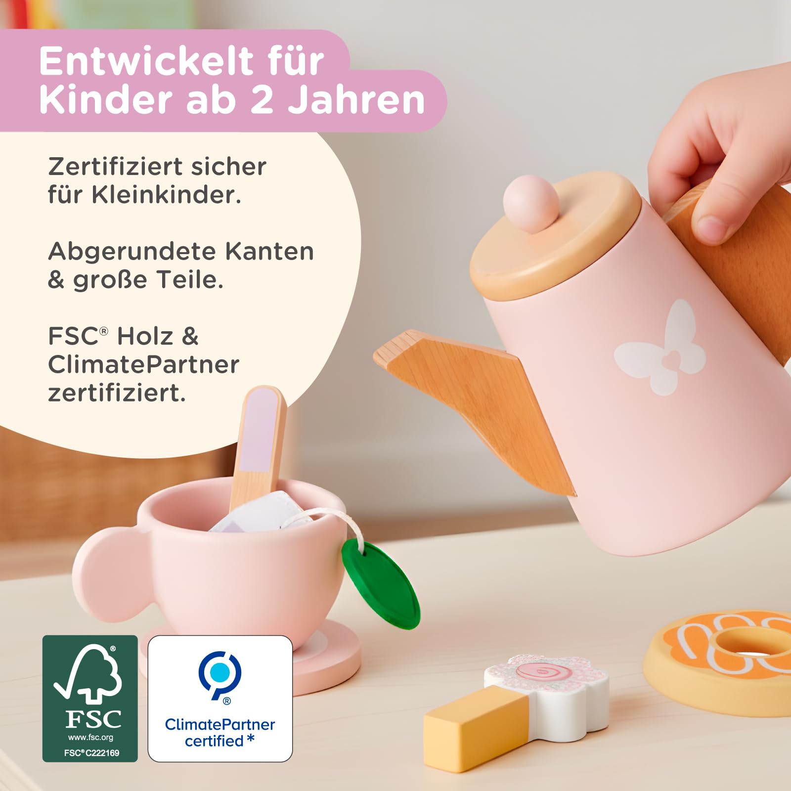 Nene Toys Holz-Teeservice für Kinder ab 2 Jahren – 18-teiliges Tee Set mit Teekanne, Tablett, Tassen & Süßigkeiten – Spielküche Zubehör, Montessori Rollenspiel, FSC® Holz – Geschenk 2–5 Jahre
