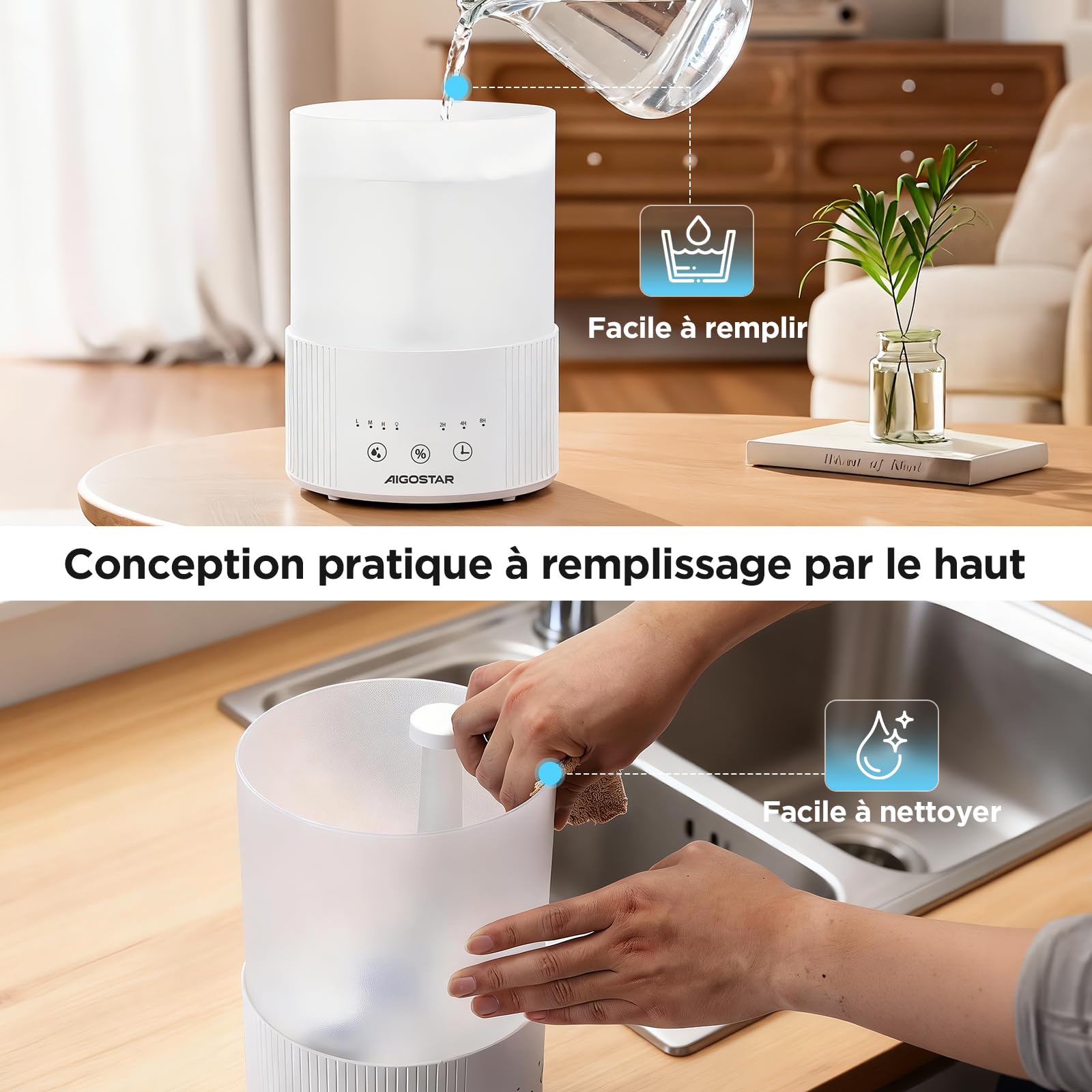 Aigostar Humidificateur d'Air 2,5L Ultra Silencieux avec Diffuseur d’Huiles Essentielles, Minuterie 8H & Veille, Arrêt Auto, 3 Niveaux de Brume, LED 7 Couleurs – Idéal pour Bébé, Chambre, Bureau