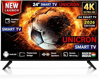 UNICRON 24”INCH Frameless HD Ready Android Smart LED TV | WiFi Enabled | Built-in Apps Compatible (YouTube, Netflix, Prime Video) | Screen-Mirror | HDMI, USB Connectivity & More
