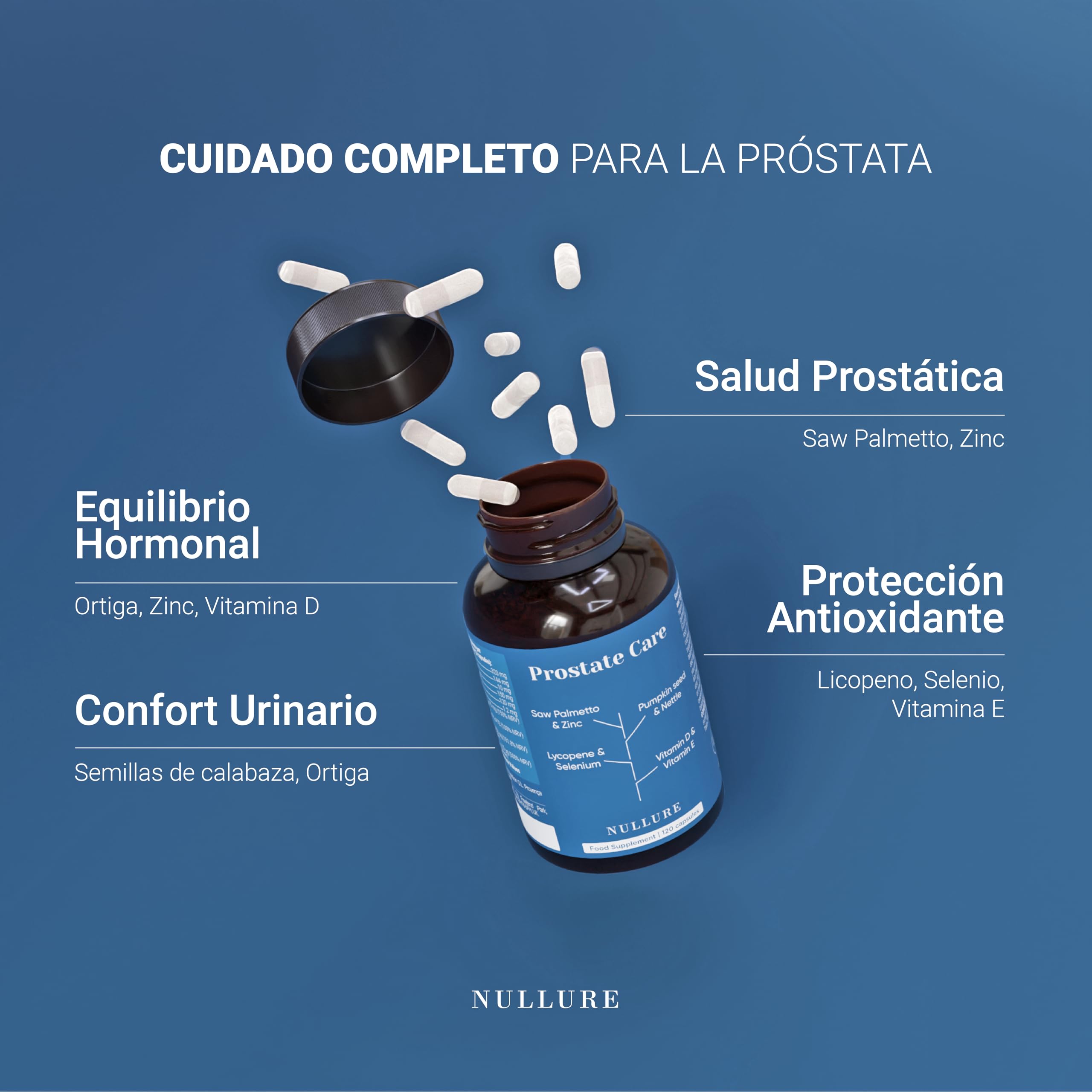 Nullure Complejo Prostata Capsulas | Saw Palmetto 320mg + Calabaza + Ortiga + Licopeno | Salud Prostática · Inflamada| Prostate Care |Vegano y Sin Aditivos| 120 cáps (2 meses)| Fabricado en España