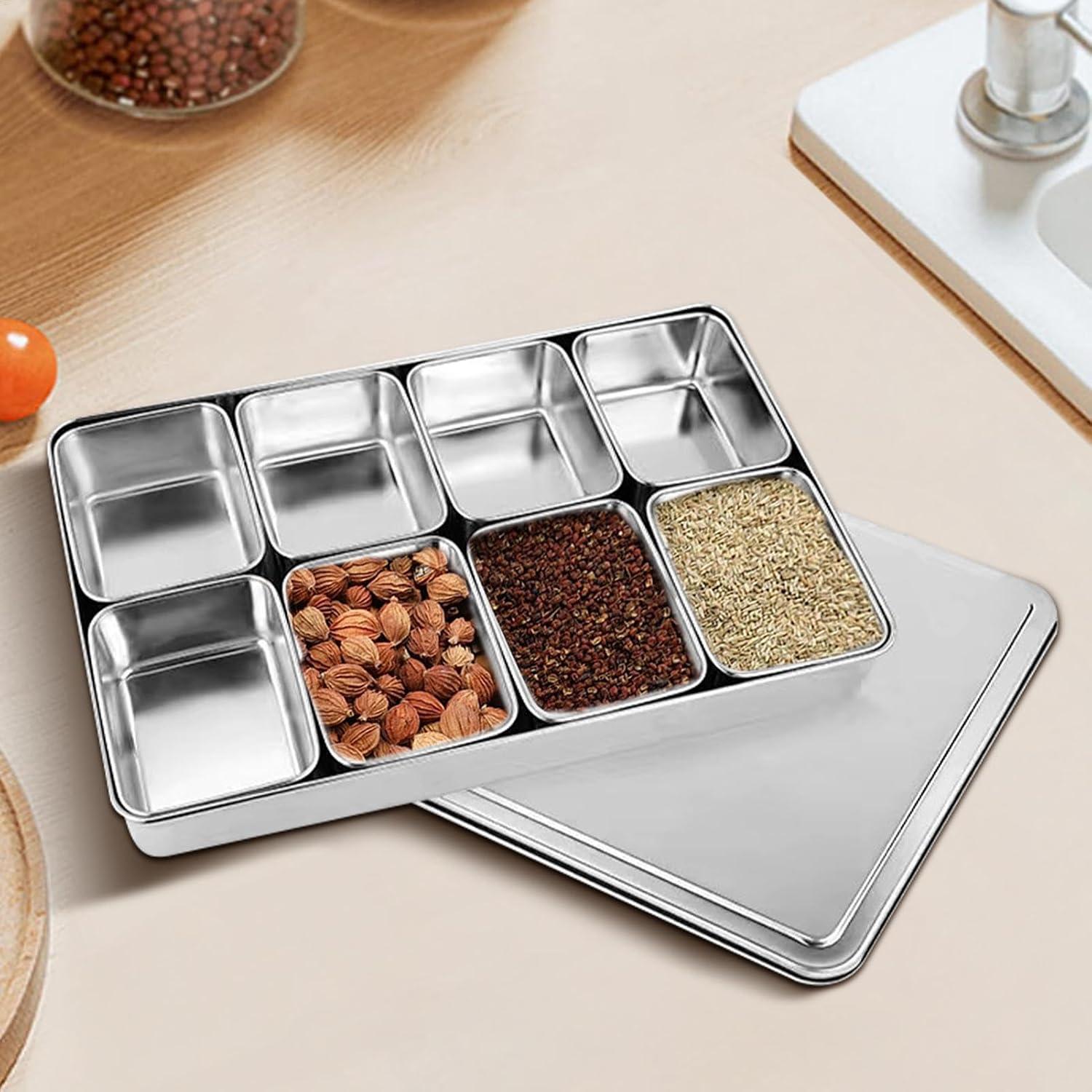 Seasoning Container Box, Condiment Storage Box with Multi Grid Div
