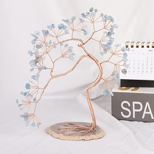 Miniatura 3 de mookaitedecor Árbol de cristal natural de aguamarina con base de rebanada de ágata, escultura de bonsái de árbol de dinero de Feng Shui para