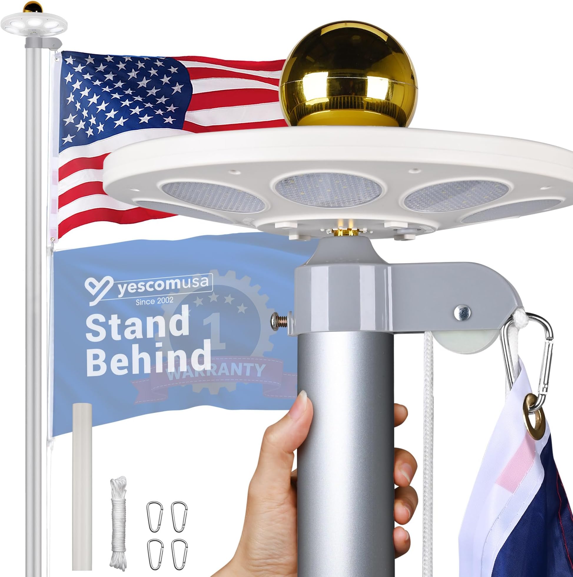 Yescom Bravery 30Ft Sectional Flag Pole Kit with Solar Light Aluminum Flagpole Set for Outside House In-Ground Yard Garden Residential Commercial with US Flag & Ball Top Silver
