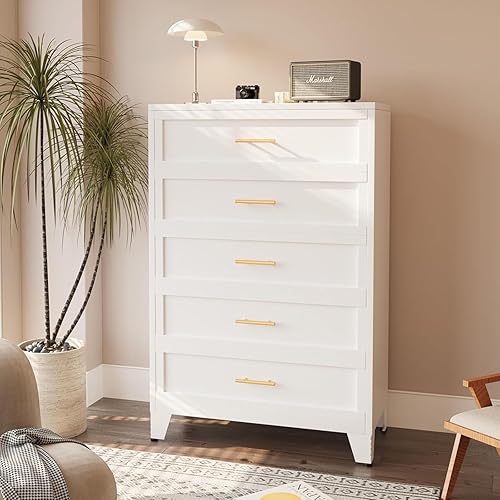 Miniatura 12 de Cómoda blanca de 5 cajones para dormitorio, cómodas y cajoneras de metal de 53.46 pulgadas de alto con diseño de esquinas curvas, cajonera
