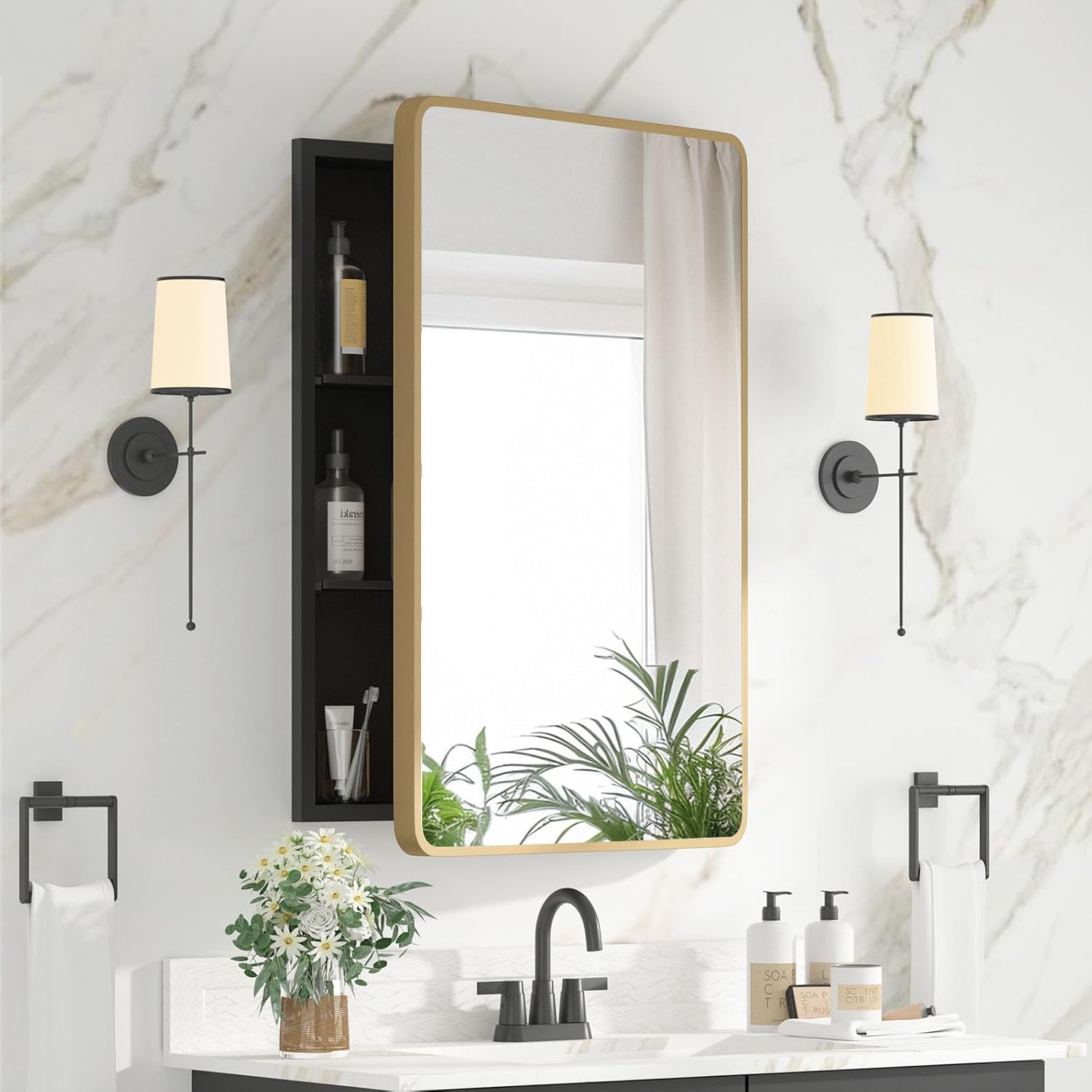 Medicine Cabinet 20 x 28 Inch, Brush Gold Bathroom Medicine Cabinet with Mirror,Metal Beveled Mirror, Adjustable Shelves, Recessed or Wall Mount, Sturdy & Solid, Bathroom Mirror with Storage Brush Gold 20*28inch