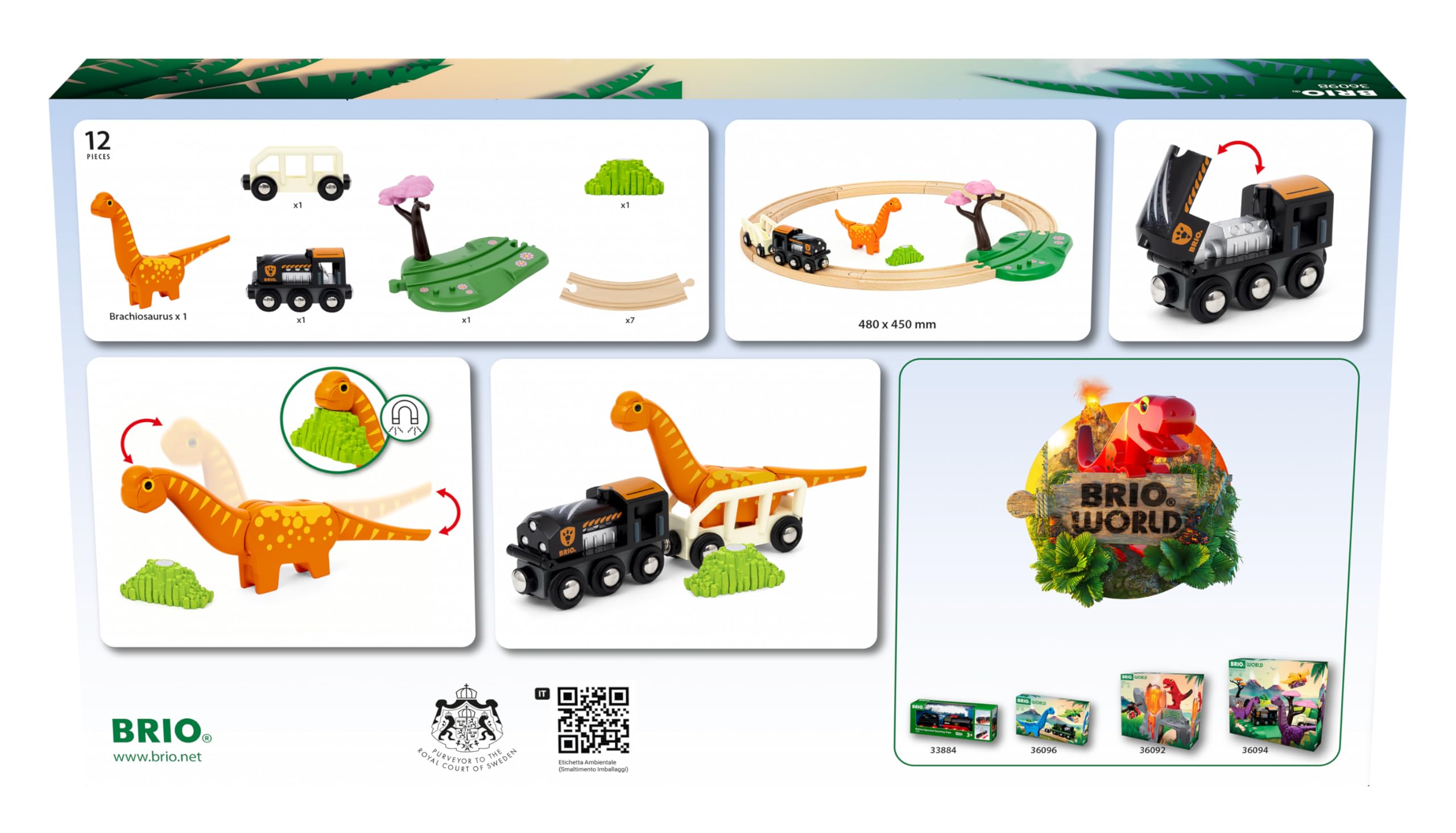 BRIO World - 36098 - Circuit Dinosaure - Coffret Complet 12 pièces - Action de Jeu sans Pile - Dinosaure Inclus - Circuit de Train en Bois - Jouet Mixte à partir de 3 Ans