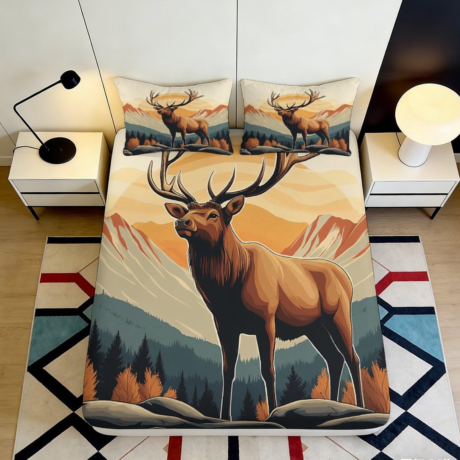 3D Printed Mountain Elk Fitted Sheet Microfiber Soft Antler Forest Bed Cover for Bedroom Guest Room Decor 90x200x25cm