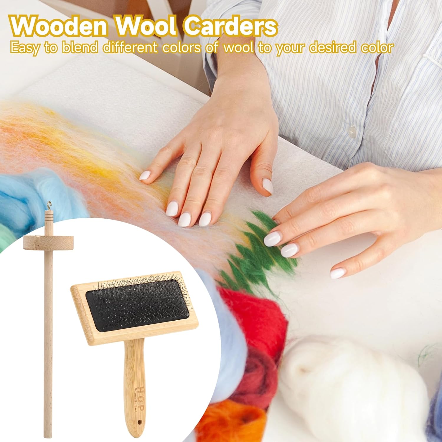 2PCS Wool Carders with Drop Spindle Set, Hand Carders Wool Needle Felting Brush, Drop Spindle Maple Top Whorl Spinning Smooth Finish, for Craft Felt Project