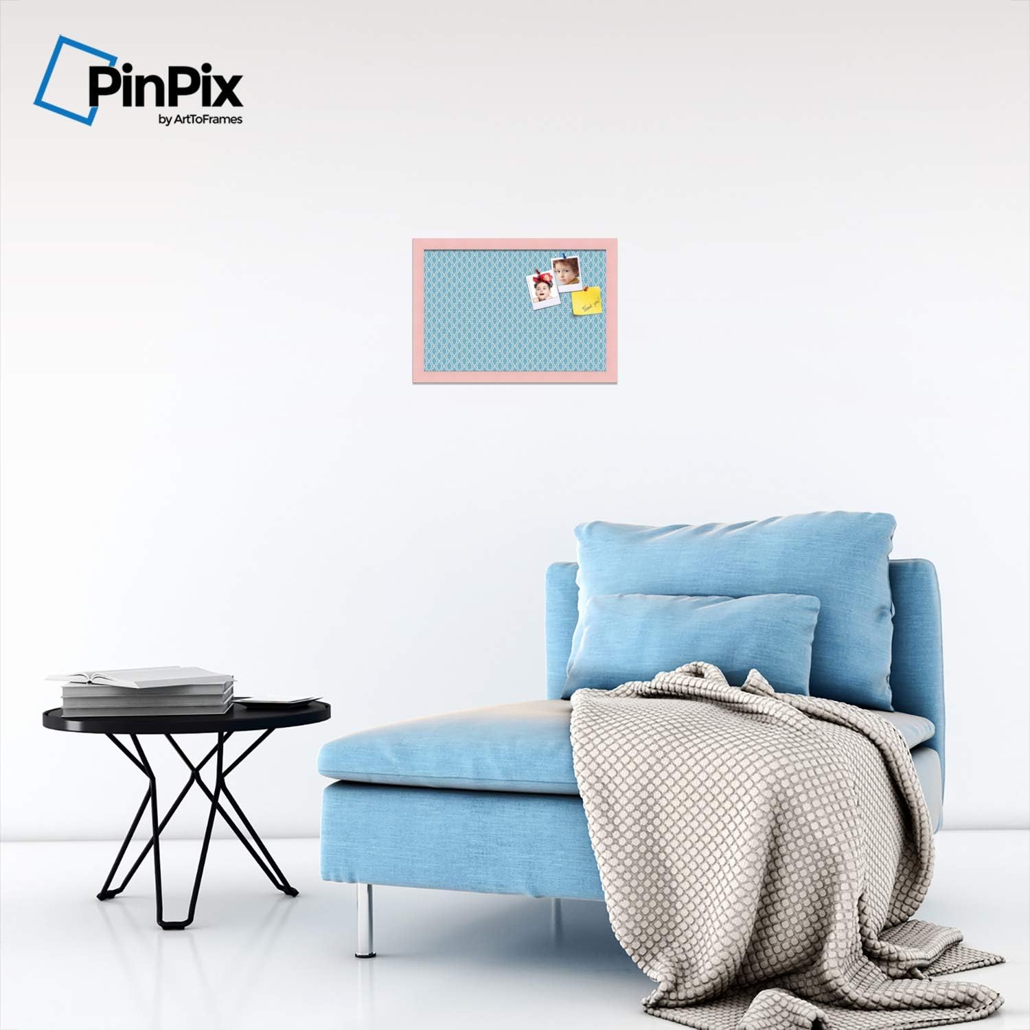 ArtToFrames 18x12 Inch Custom Cork Bulletin Board. This Waves Sky Blue Pin Board Comes with a Fabric Style Canvas Finish, Framed in Baby Pink Stain on Beechby PinPix (PinPix-245-18x12_0066-81792-YPNK)