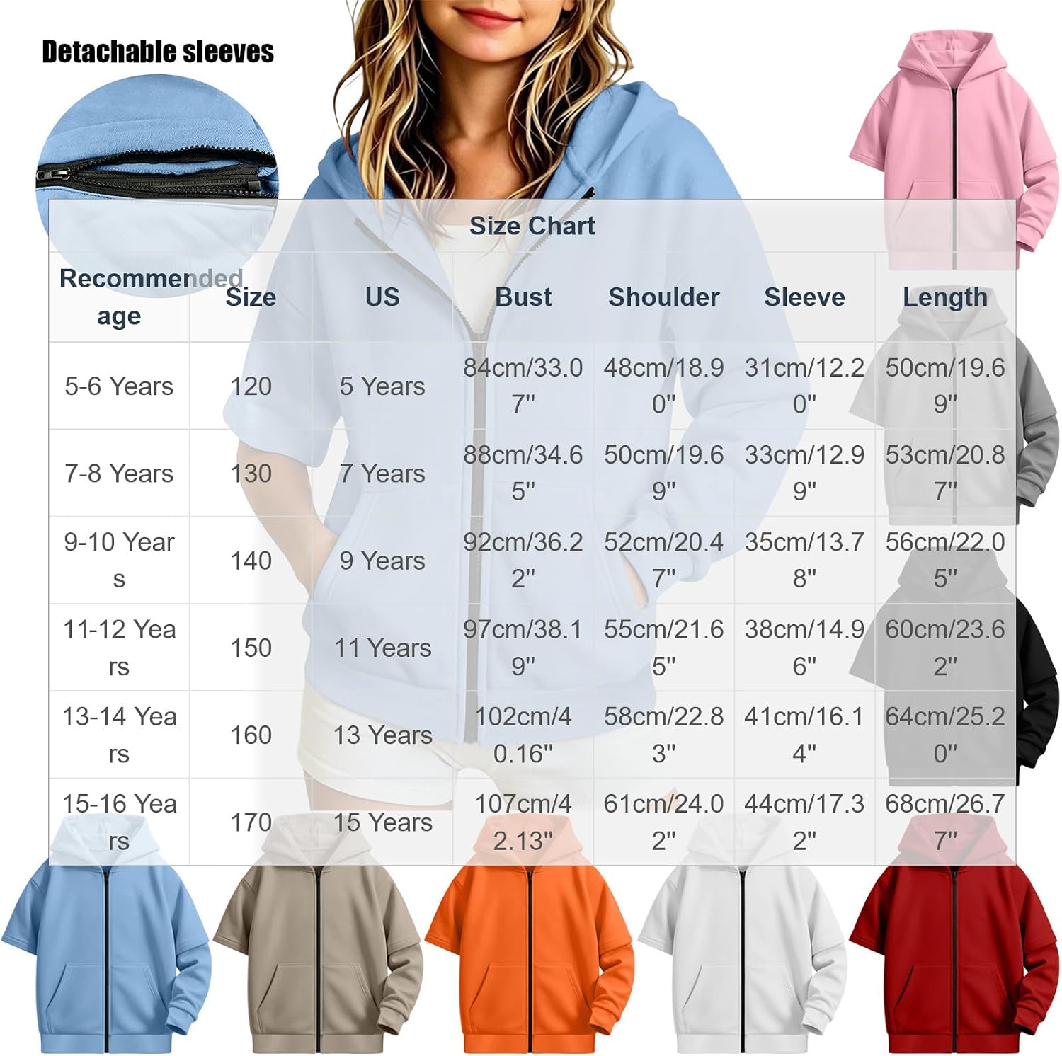 Kids 2 in 1 Detachable Sleeves Zip Hoodie Convertible Fleece Jacket