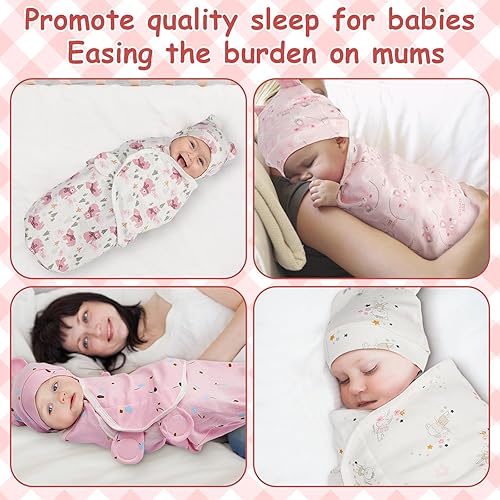 Miniatura 5 de Ramede Paquete de 6 mantas para bebé con sombreros, para bebés de 0 a 3 meses, sacos de algodón suave para niñas y niños