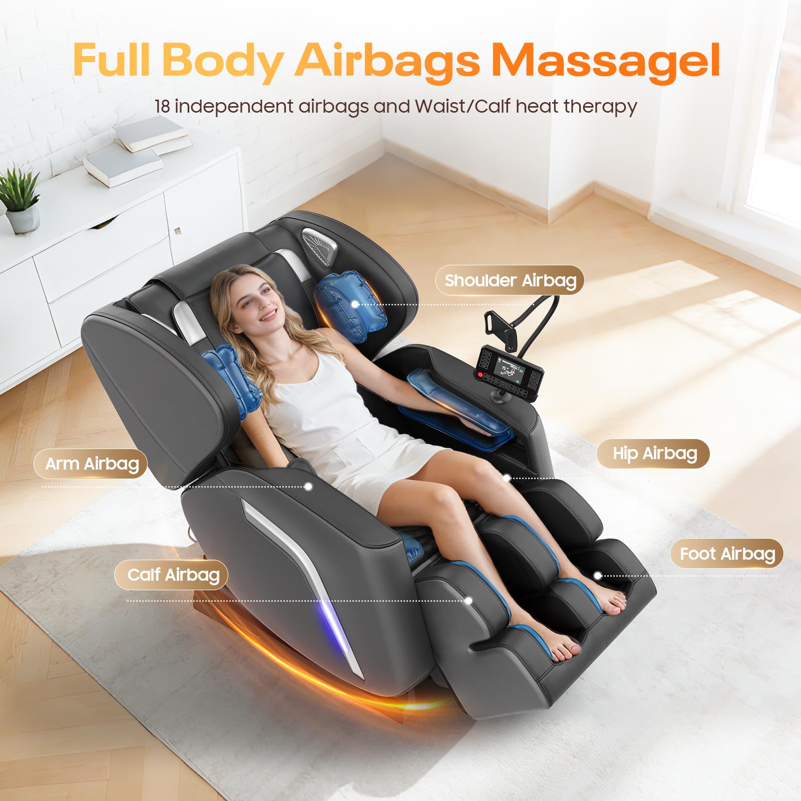 Sillón de Masaje con 14 Rodillos,9 Airbags, Calefacción para Espalda y Piernas, Masaje de Pies, Altavoces Bluetooth, Control por Teléfono Inteligente, Panel táctil,Sillón para Todo el Cuerpo