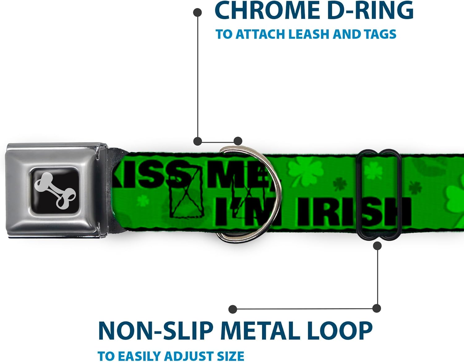 Dog Collar Seatbelt Buckle Kiss Me Im Irish Clovers Kisses Greens Black 15 to 26 Inches 1.0 Inch Wide